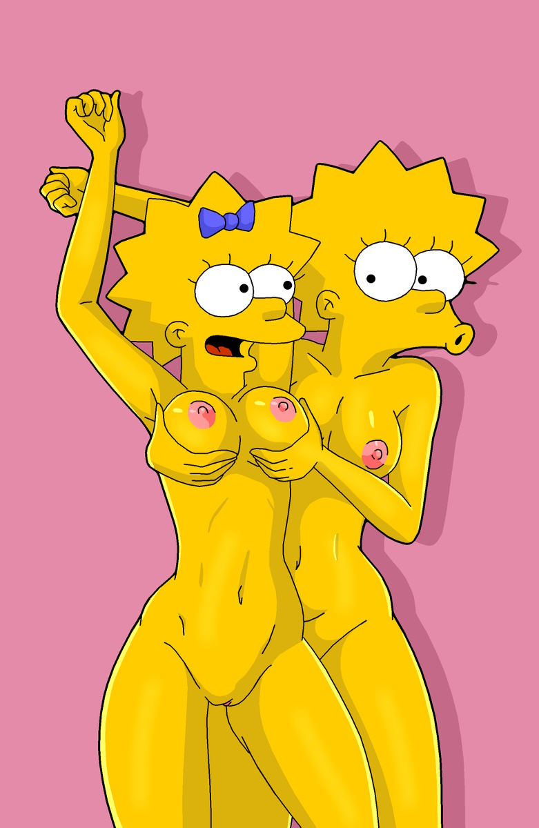 2girls, aged up, breast lift, breasts, collarbone, completely nude, erect nipples, evilweazel, female, grabbing breasts, grabbing from behind, incest, lisa simpson, looking at another, maggie simpson, navel, nipples, nude, pink background, pussy, shaded, shadow, sisters, the simpsons, vagina