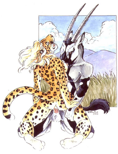 2004 antelope anthro feline female fur furry grazing_antelope heather_bruton hunter leopard male nude oryx predator_prey_reversal sex