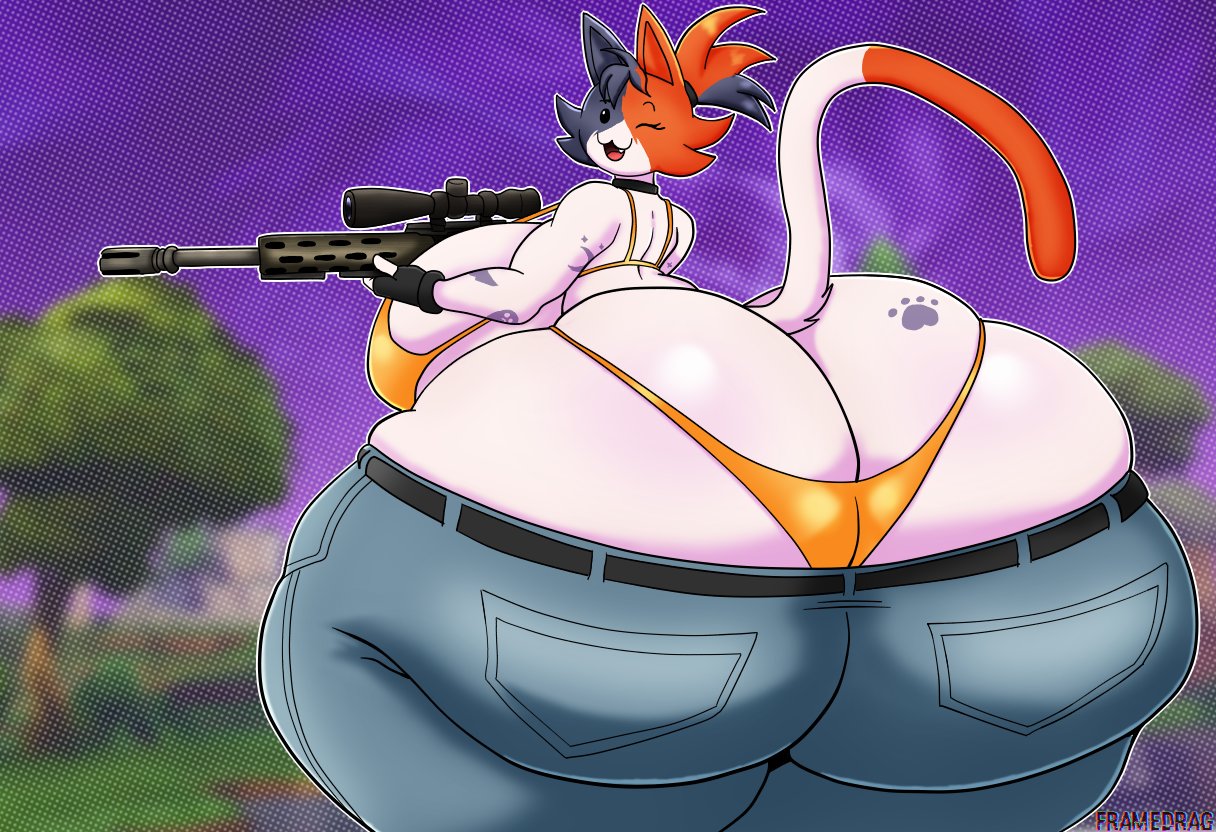 2020s, 2026, 2026s, ass, belt, big ass, big breasts, big butt, bra, bubble ass, bubble butt, butt, calico cat, cate meowdy (fortnite), clothed, clothing, dumptruck ass, dumptruck butt, epic games, felid, feline, felis, fingerless gloves, fortnite, framedrag, gloves, gun, huge ass, huge butt, hyper, hyper ass, hyper breasts, hyper butt, jeans, long tail, looking at viewer, looking back, panties, pawprint, plump, plump ass, plump butt, plump thighs, scope, sniper rifle, tagme, tail, tattoo, tattoo on butt, thick, thick butt, thick thighs, thong, two-tone body, two-tone fur, two-tone hair, wide ass, wide hips, wide thighs, wink, winking at viewer