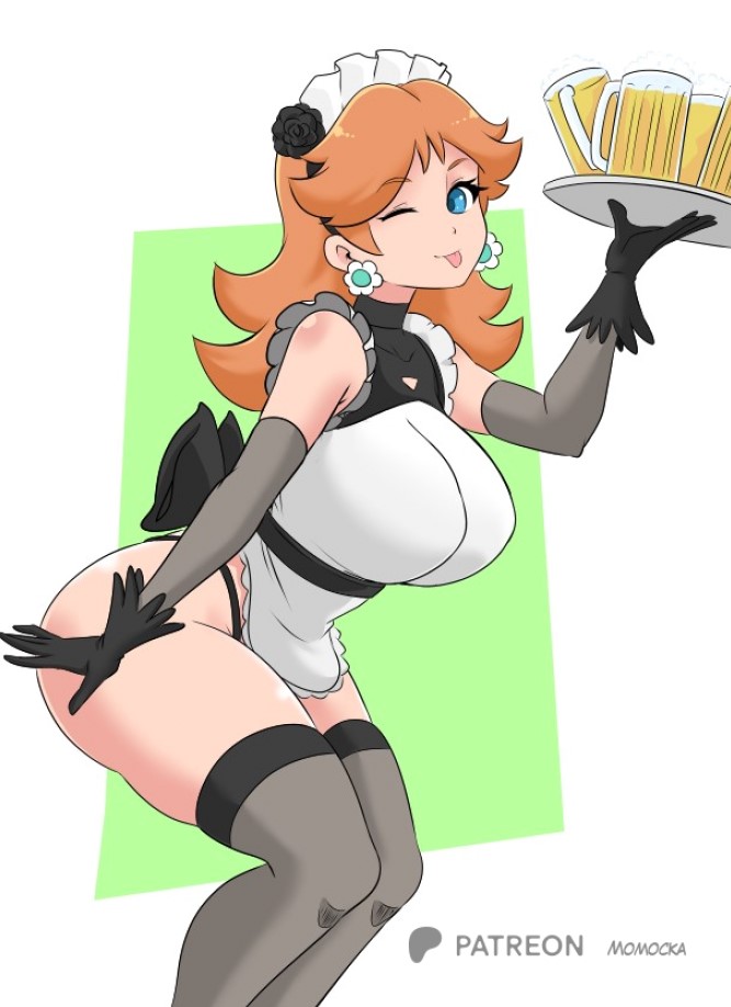 ass, big ass, big breasts, big butt, big titties, blue eyes, breasts, brown hair, clothing, curvaceous, curvaceous female, curvaceous figure, curvy, curvy figure, curvy hips, female, female focus, female only, looking at viewer, maid, maid headdress, maid uniform, mario (series), momocka art, nintendo, princess daisy, short hair, super mario bros., thigh highs