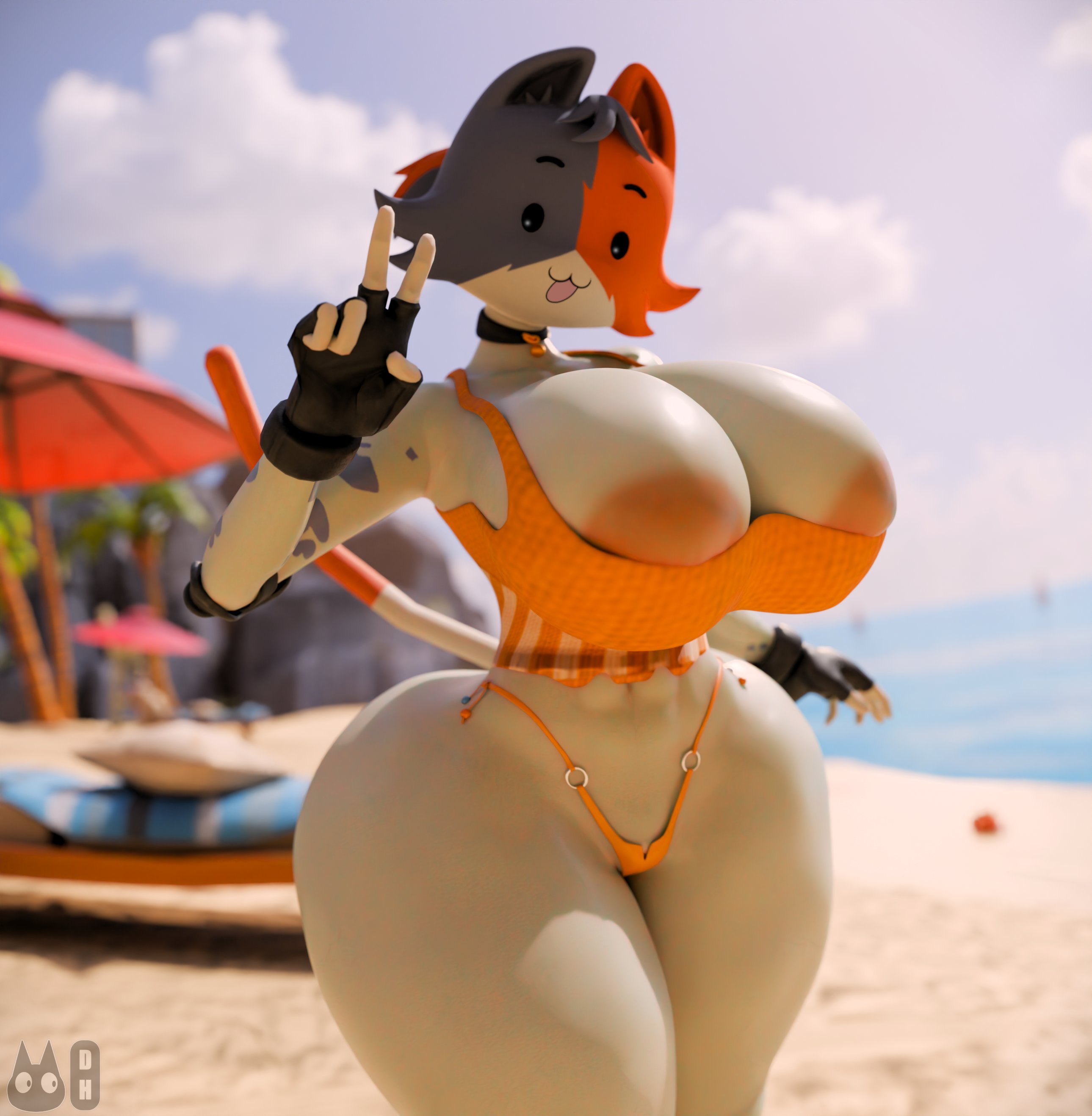 beach, beach umbrella, big thighs, bikini, breasts, cat girl, cate meowdy (fortnite), choker, feline, female, fortnite, gloves, happy, large breasts, looking at viewer, nipples visible through clothing, peace sign, smile, solo, v sign, wide hips