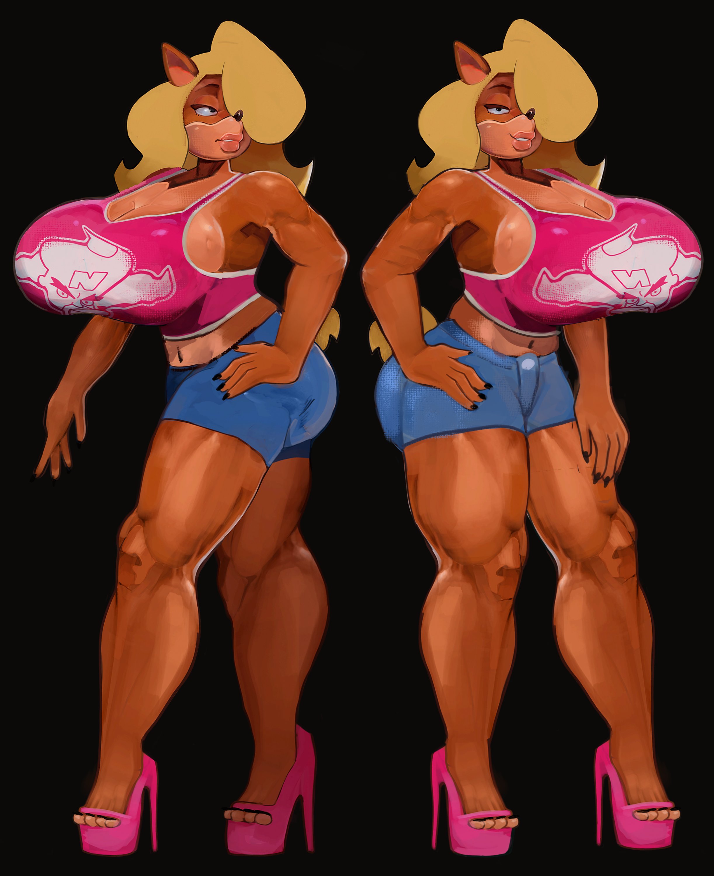 1girls, 2025, 2d (artwork), 2d artwork, activision, alternate version at source, alternate version available, ass, bandicoot, barely contained, barely contained breasts, big ass, big breasts, big lips, big thighs, black claws, black eyes, black fingernails, black nails, blonde hair, breasts, crabtopus, crash (series), female, female focus, female only, furry, giant breasts, gigantic breasts, glistening, glistening ass, glistening body, glistening skin, hands on hips, heel boots, heels, huge ass, huge breasts, huge lips, large breasts, lips, long hair, looking at viewer, looking pleasured, looking sideways, microsoft, orange skin, shiny ass, shiny breasts, shiny hair, shiny skin, shiny thighs, shorts, sideass, smile, smiling at viewer, solo, solo female, solo focus, suggestive, suggestive look, suggestive pose, tail, tawna bandicoot, thick thighs, thighs, upper body, yellow hair
