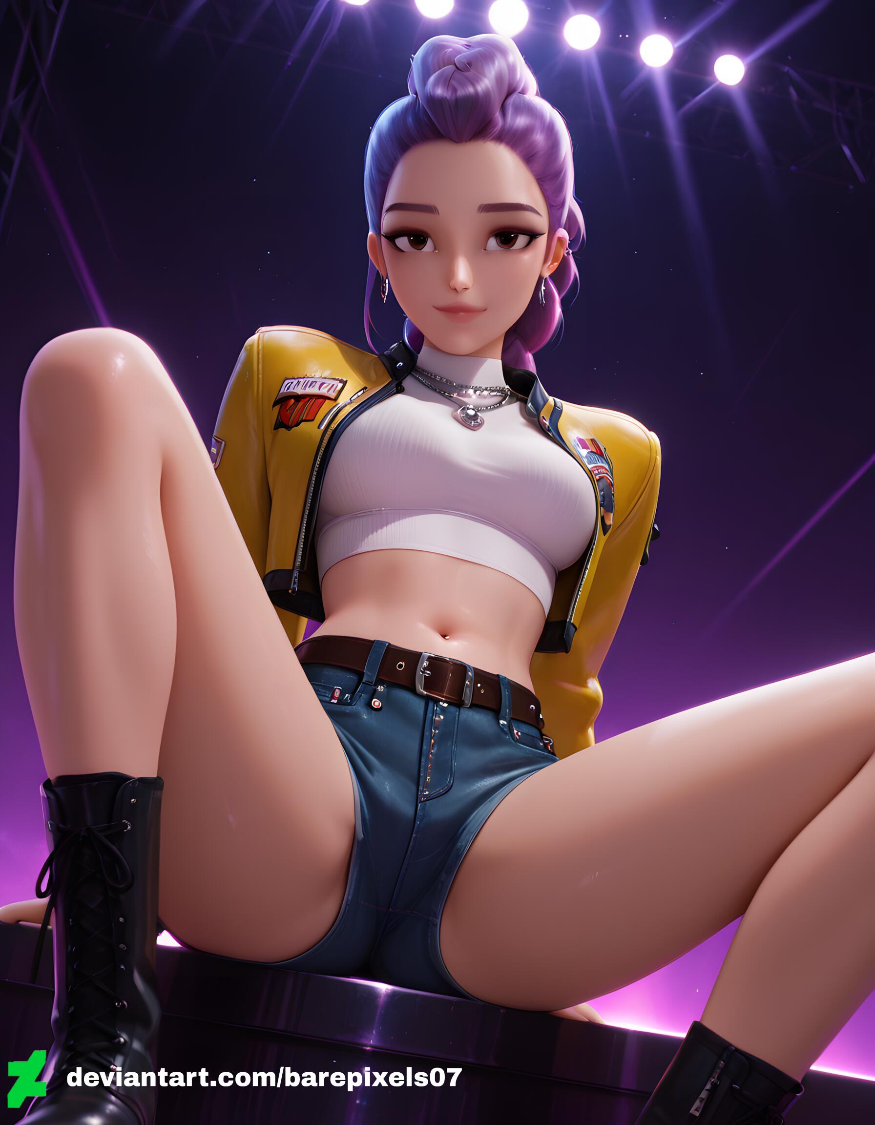 1girls, ai generated, ass, barepixels07, belly button, blush, braid, breasts, brown eyes, clothed, concert, cowboy shot, female, happy, kpop demon hunters, legs spread, long hair, looking at viewer, looking back, medium breasts, midriff, navel, necklace, netflix, perfect body, public, rumi (kpop demon hunters), scene, single braid, sitting, solo, solo female, stage, stage lights, thighs