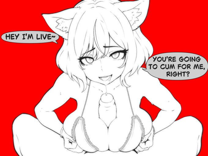 1boy, 1girls, 2d, big breasts, bikini top, boobjob, bracelets, breasts, female, foreskin, heart-shaped pupils, kemonomimi, kleinvoimond, male, monochrome, open mouth, penis, pov taker, precum, red background, short hair, spit trail, text bubble, titjob, uncircumcised, virtual youtuber, voimond, voimond vhirra, vtuber