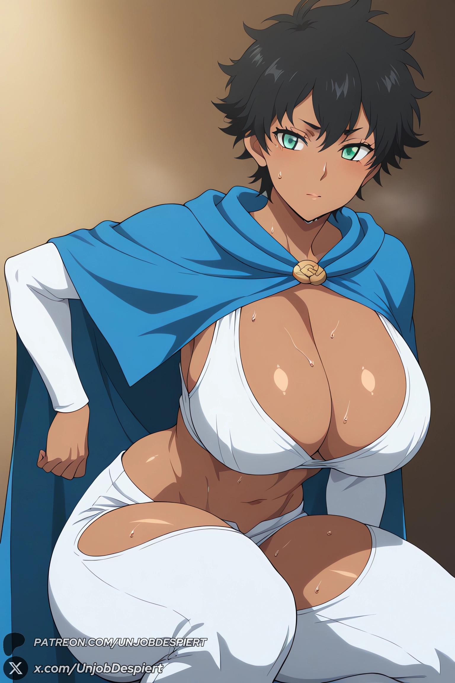 1girls, 2025, ai generated, artist name, bangs, big ass, big breasts, black clover, black hair, blue cape, blush, breasts, brown background, cape, cleavage, closed mouth, curvy, dark skin, dark-skinned female, female, female only, green eyes, hair between eyes, hi res, high quality, high resolution, highres, huge ass, huge breasts, large breasts, long sleeves, looking at viewer, midriff, navel, pants, patreon, patreon username, shiny, shiny skin, short hair, sol marron, solo, sweat, thighs, unjobdespiert, watermark, white pants