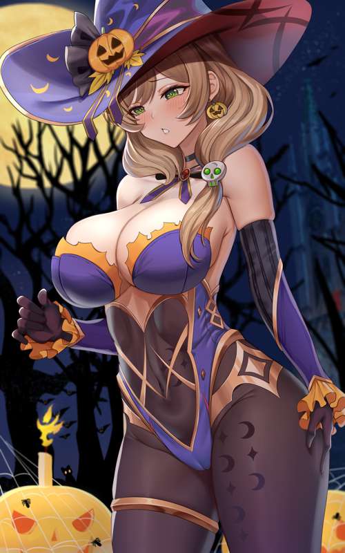 bare shoulders, black gloves, black pantyhose, blue leotard, blush, bodystocking, breasts, brown hair, cameltoe, candle, cg, choker, cleavage, cosplay, covered navel, detached sleeves, earrings, elbow gloves, female, full moon, genshin impact, gloves, green eyes, hair ornament, hat, hat ornament, highleg, highleg leotard, jack-o'-lantern, jewelry, large breasts, leotard, lisa (genshin impact), long hair, moon, night, night sky, outdoors, pantyhose, parted lips, piukute062, pumpkin, purple headwear, sky, solo, strapless leotard, thighlet, thighs, tree, witch hat