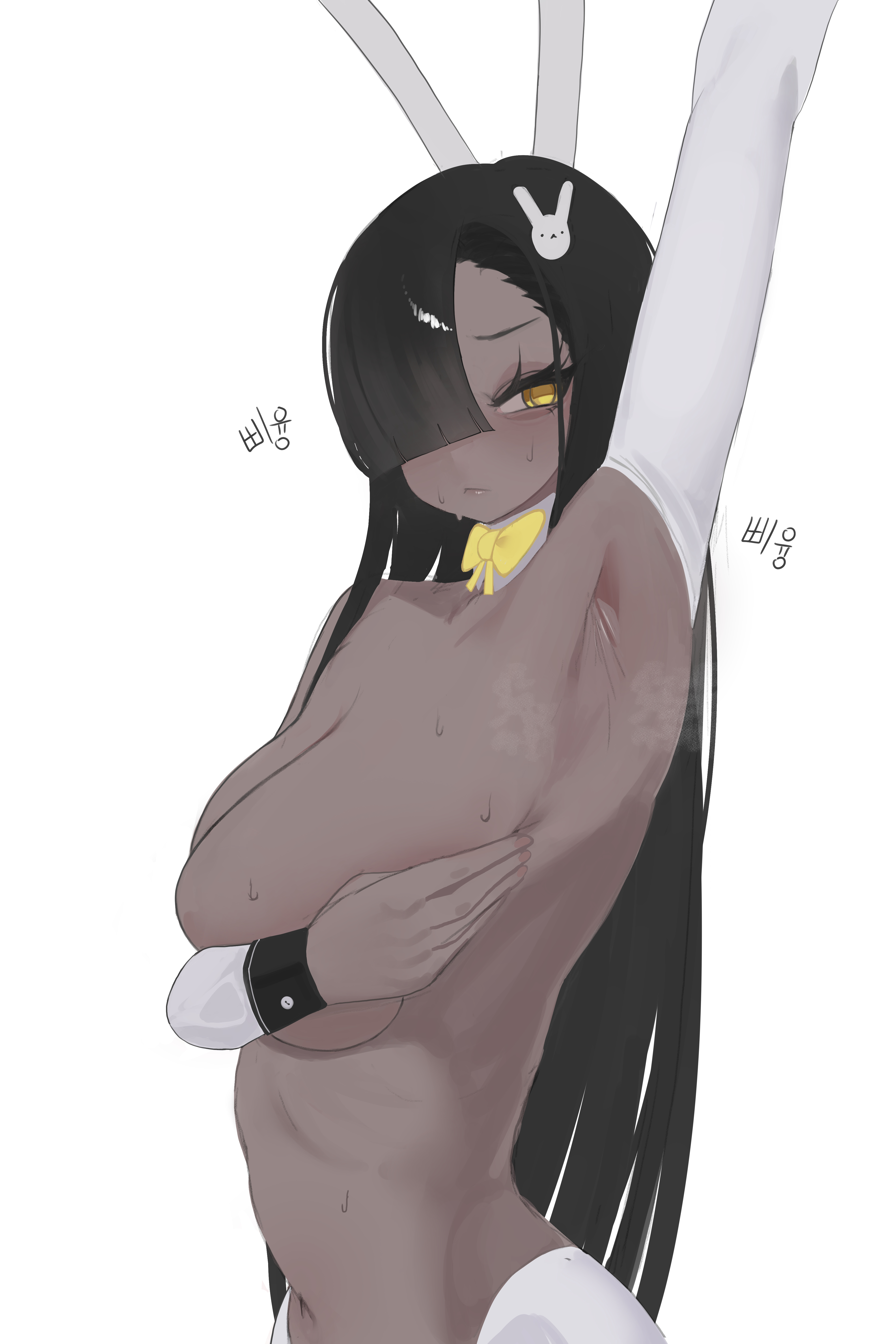 1girls, arm up, armpit fetish, armpits, black hair, bunny ears, bunnysuit, dark body, dark hair, dark skin, dark-skinned female, female, female only, hair, hair over one eye, limbus company, musk, musk clouds, musky armpit, one eye covered, presenting armpit, project moon, rockettuna, solo, solo female, sweat, sweaty armpits, tagme, tan body, tan skin, tan-skinned female, zilu (limbus company)