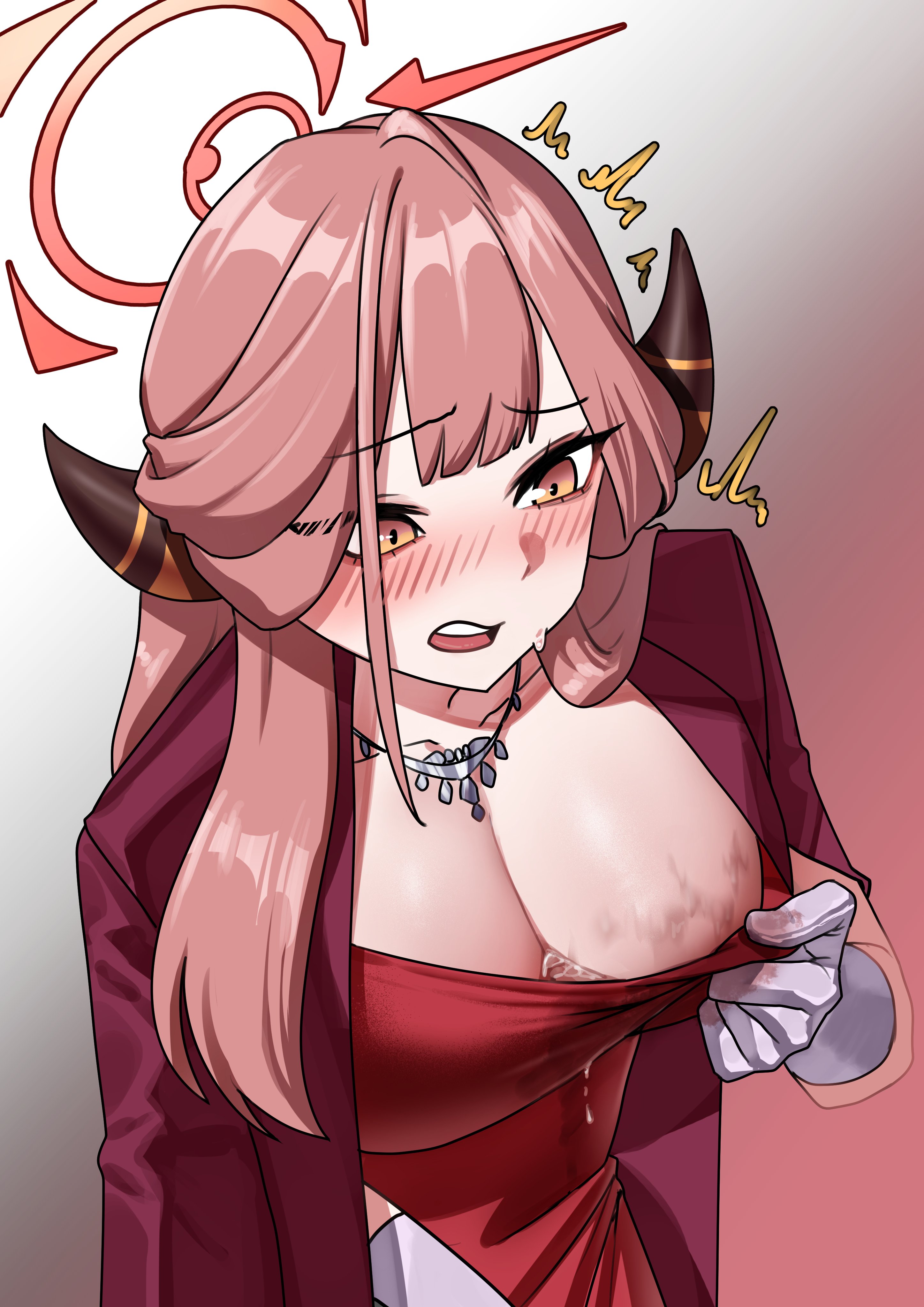 1girls, absurdres, aru (blue archive), aru (dress) (blue archive), black horns, blue archive, blush, breasts, cleavage, dress, gloves, gradient background, grey background, halo, highres, horns, jacket, jacket on shoulders, jewelry, large breasts, long hair, miltto, necklace, official alternate costume, open mouth, pink background, pink hair, red dress, red halo, red jacket, solo, wet, wet clothes, wet dress, white gloves, yellow eyes, yellow eyes female