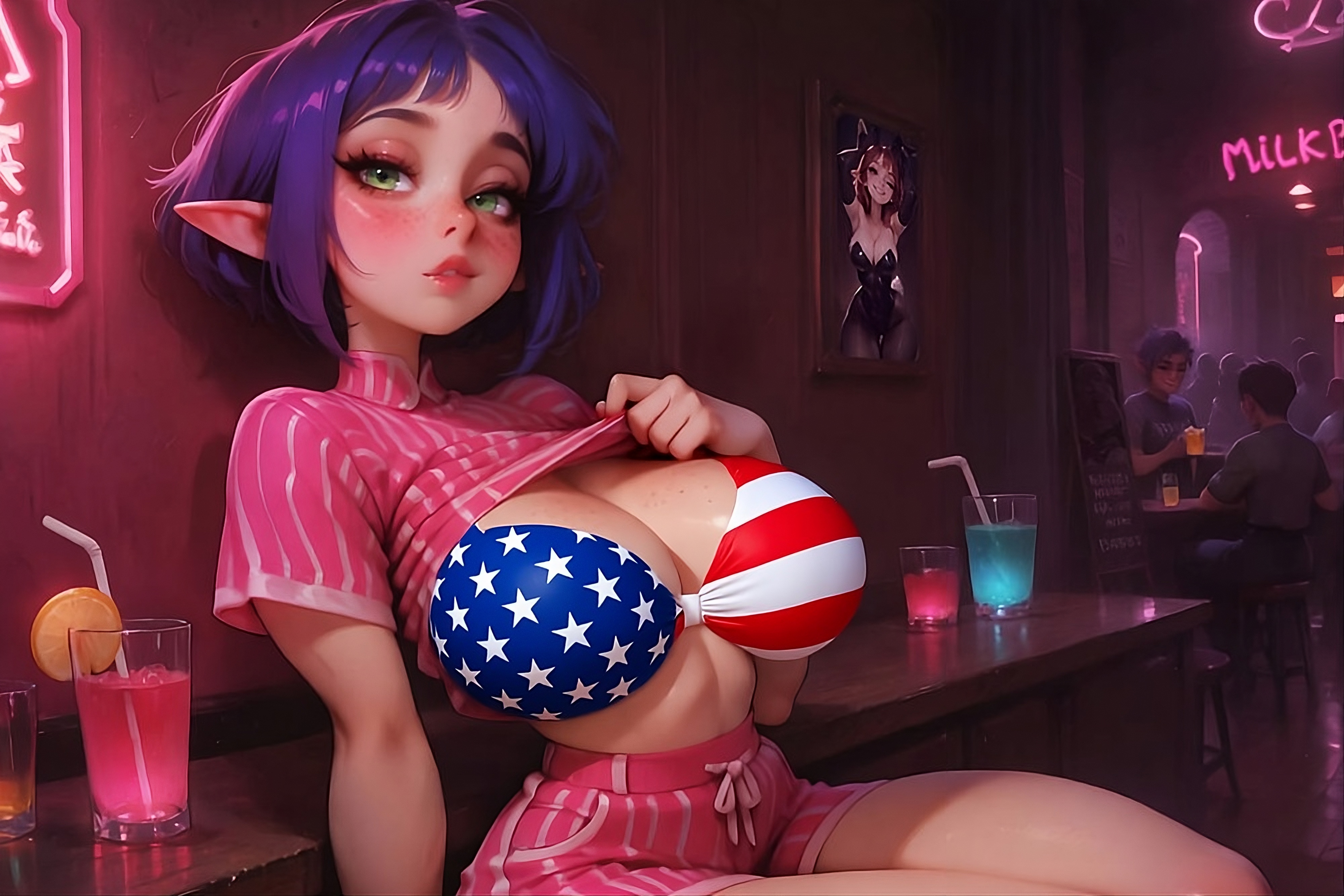 1girls, 4th of july, ai generated, america, american, american female, american flag bikini, bar, blush, breasts, cleavage, crop top, drinks, elf, elf ears, female, green eyes, indoors, large breasts, neon lights, original character, pink outfit, pointy ears, purple hair, seductive, seductive pose, shirt lift, short hair, shorts, sitting, suggestive, united states of america