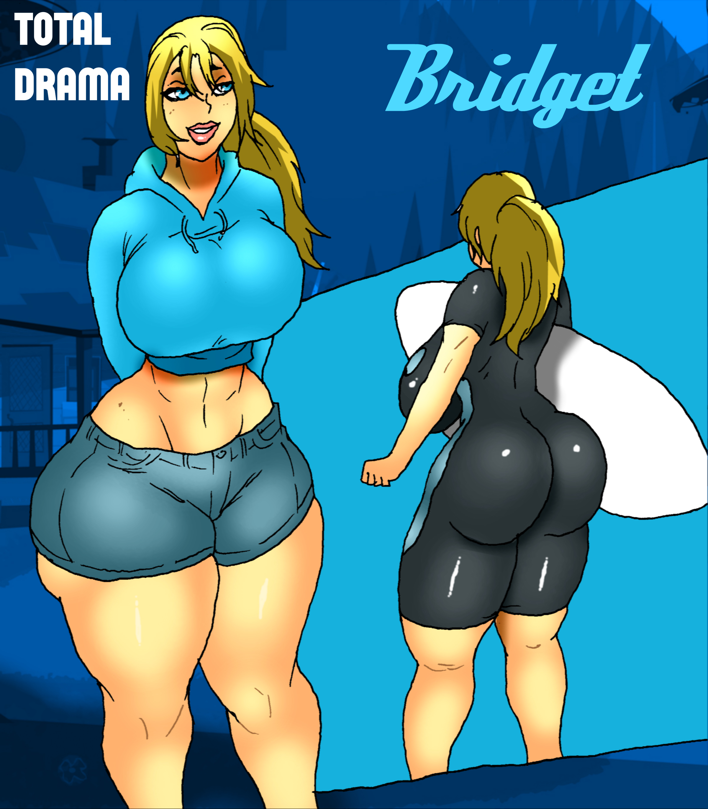 2d, 5ifty, ass, big breasts, breasts, bridgette (tdi), bubble butt, busty, curvy, curvy figure, female, female focus, female only, front view, hourglass figure, jay-marvel, misspelling, old art, pinup, pinup pose, rear view, rubber, rubber clothing, shiny clothes, tagme, total drama island, wetsuit, wide hips