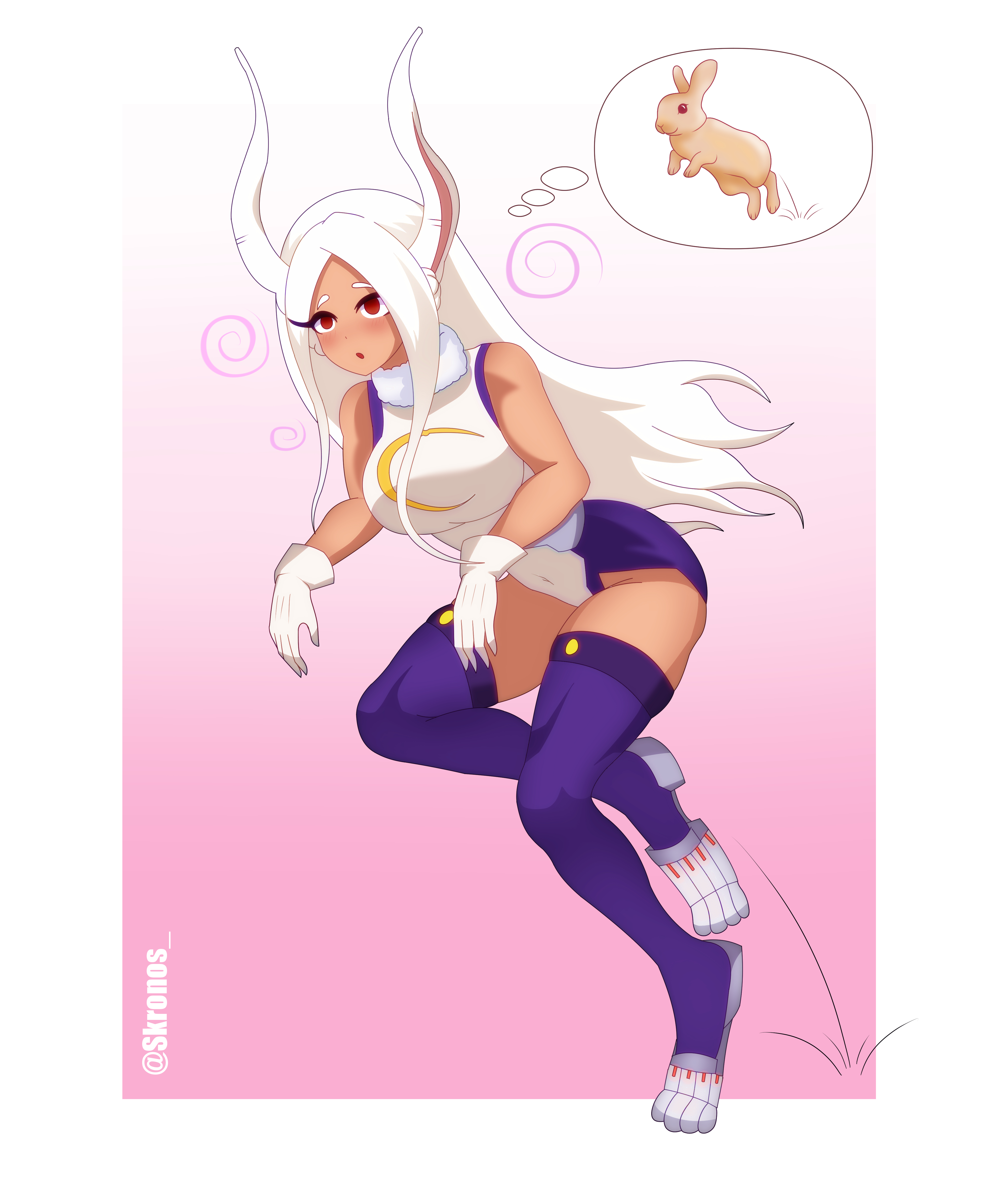absurdres, animal play, blush, body swap, boku no hero academia, border, breasts, bunny ears, bunny girl, clothed, confused, dark skin, empty eyes, expressionless, female only, femsub, gloves, gradient background, hypnosis, hypnotized, kronobas28, large breasts, leotard, mind control, mirko, miruko, my hero academia, rabbit ears, red eyes, rumi usagiyama, signature, simple background, solo, spiral, super hero, symbol, thick thighs, thighhighs, thought bubble, very long hair, white hair