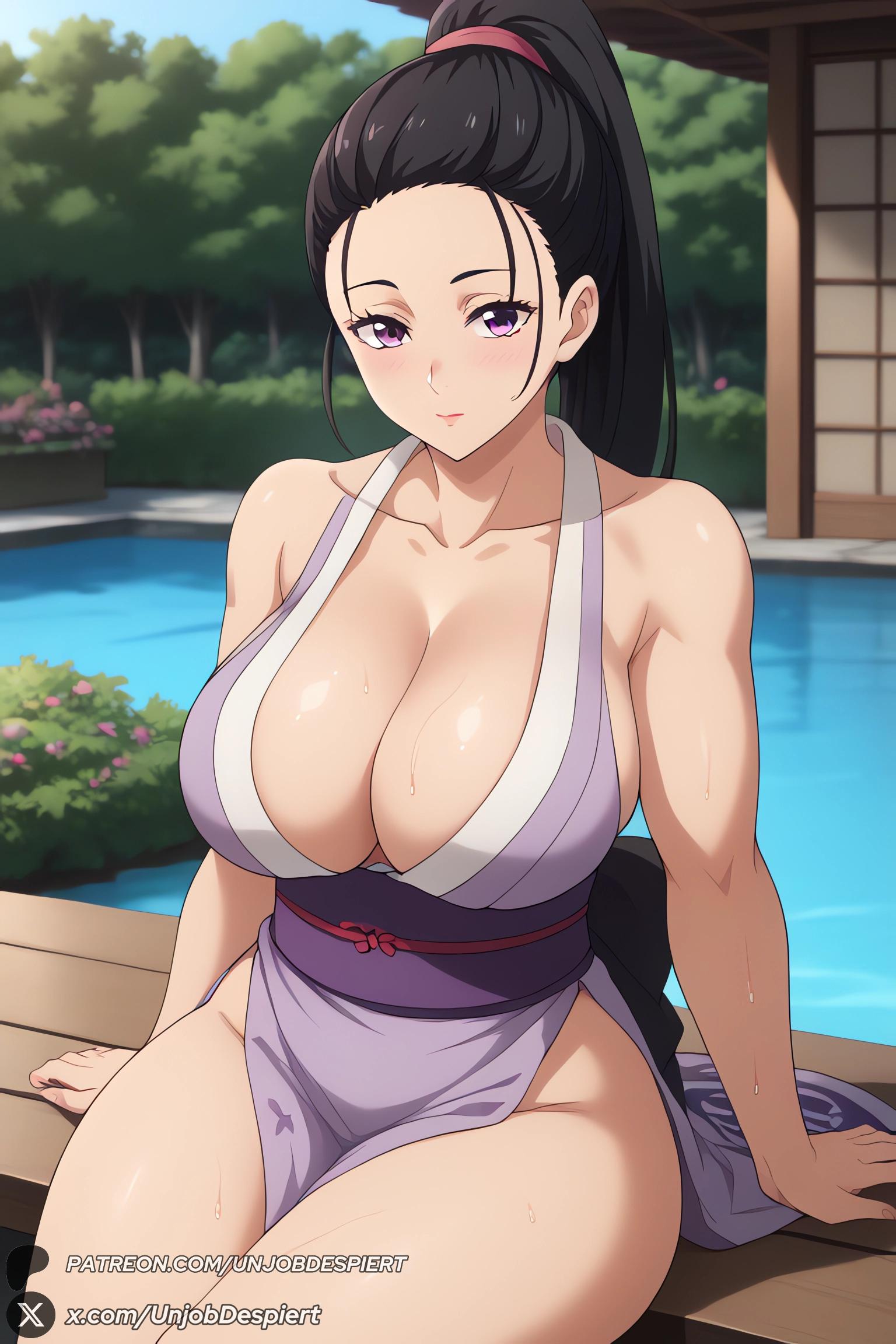 1girls, 2025, ai generated, artist name, bare shoulders, big ass, big breasts, black hair, blush, breasts, cleavage, closed mouth, collarbone, curvy, day, demon slayer, female, female only, hair pulled back, hi res, high quality, high resolution, highres, hinatsuru (kimetsu no yaiba), huge ass, huge breasts, japanese clothes, kimetsu no yaiba, large breasts, long hair, looking at viewer, married, married female, married woman, no panties, obi, outdoors, patreon, patreon username, pelvic curtain, ponytail, purple eyes, sash, sitting, sleeveless, solo, sweat, thick thighs, thighs, tree, unjobdespiert, water, watermark, wet, wife