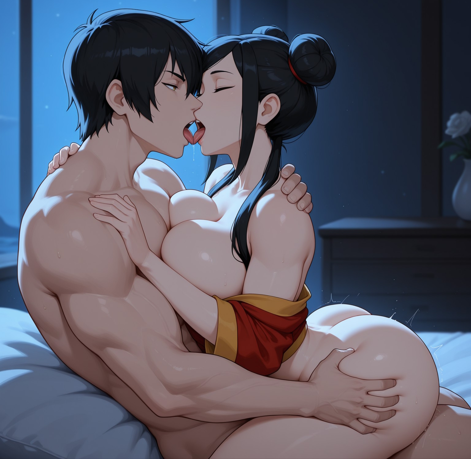 ai generated, avatar the last airbender, big breasts, breasts, cowgirl position, double bun, duo, female, goth, goth girl, gothic, hairbun, huge ass, huge breasts, kissing, light-skinned female, light-skinned male, mai (avatar), male, muscular, muscular male, noblewoman, passionate, passionate kiss, passionate sex, romantic, royalty, shadyfox, swept bangs, tied hair, tongue, tongue kiss, tongue out, wide hips, wide sleeves, zuko