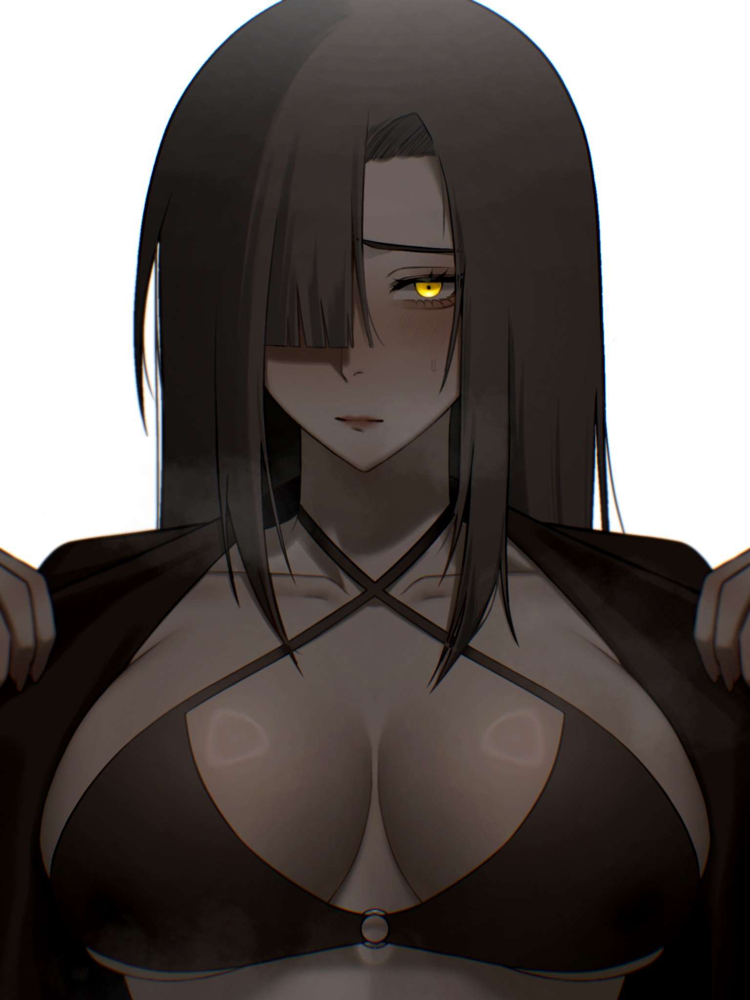 b-lapis, bikini, bikini top, black bra, black hair, bra, limbus company, project moon, tagme, tan body, tan skin, yellow eyes, zilu (limbus company)