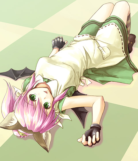 :p animal_ears bat_wings cat_ears erika_(pangya) female fingerless_gloves gloves green_eyes hair long_hair lying pangya pink_hair ponytail tied_hair tongue wings