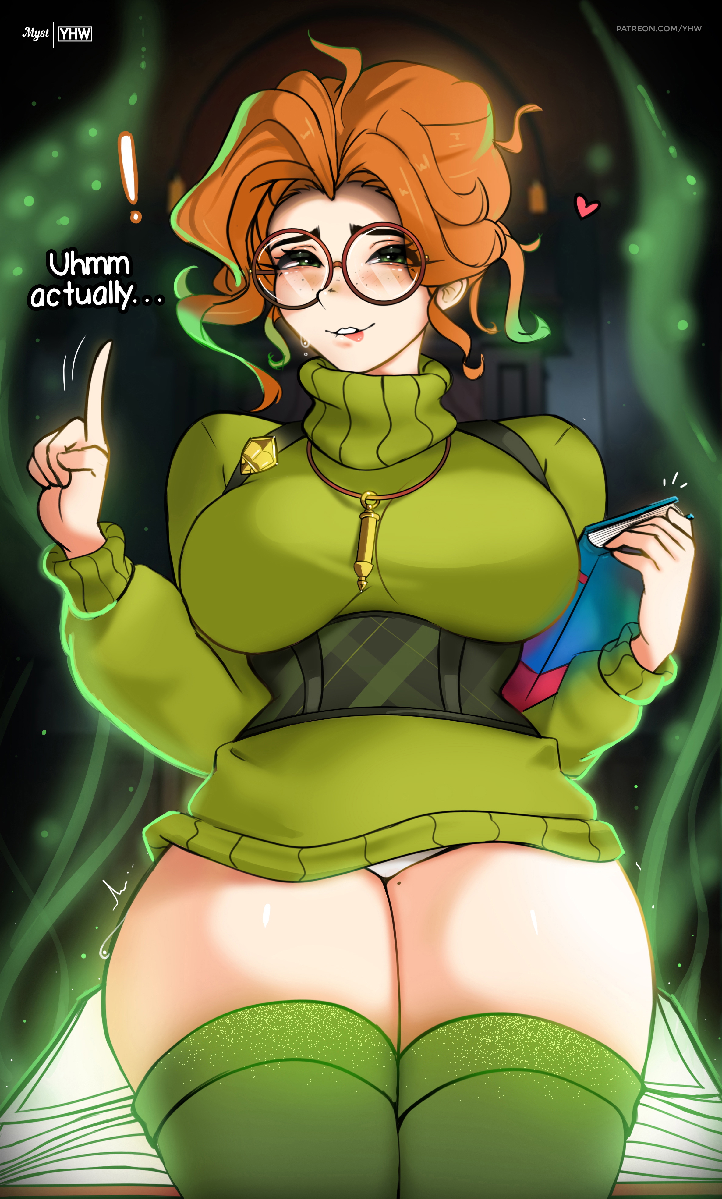 !, 1girls, big breasts, biting lip, book, breasts, clothed, deadlock, female, freckles, freckles on face, glasses, green eyes, heart, magic, mole, mole on thigh, myst, no pants, orange hair, paige (deadlock), panties, pantyshot, redhead, solo, sweat, sweatdrop, sweater, thick thighs, thighhighs, thighs, valve, valve (company), white panties, yhw