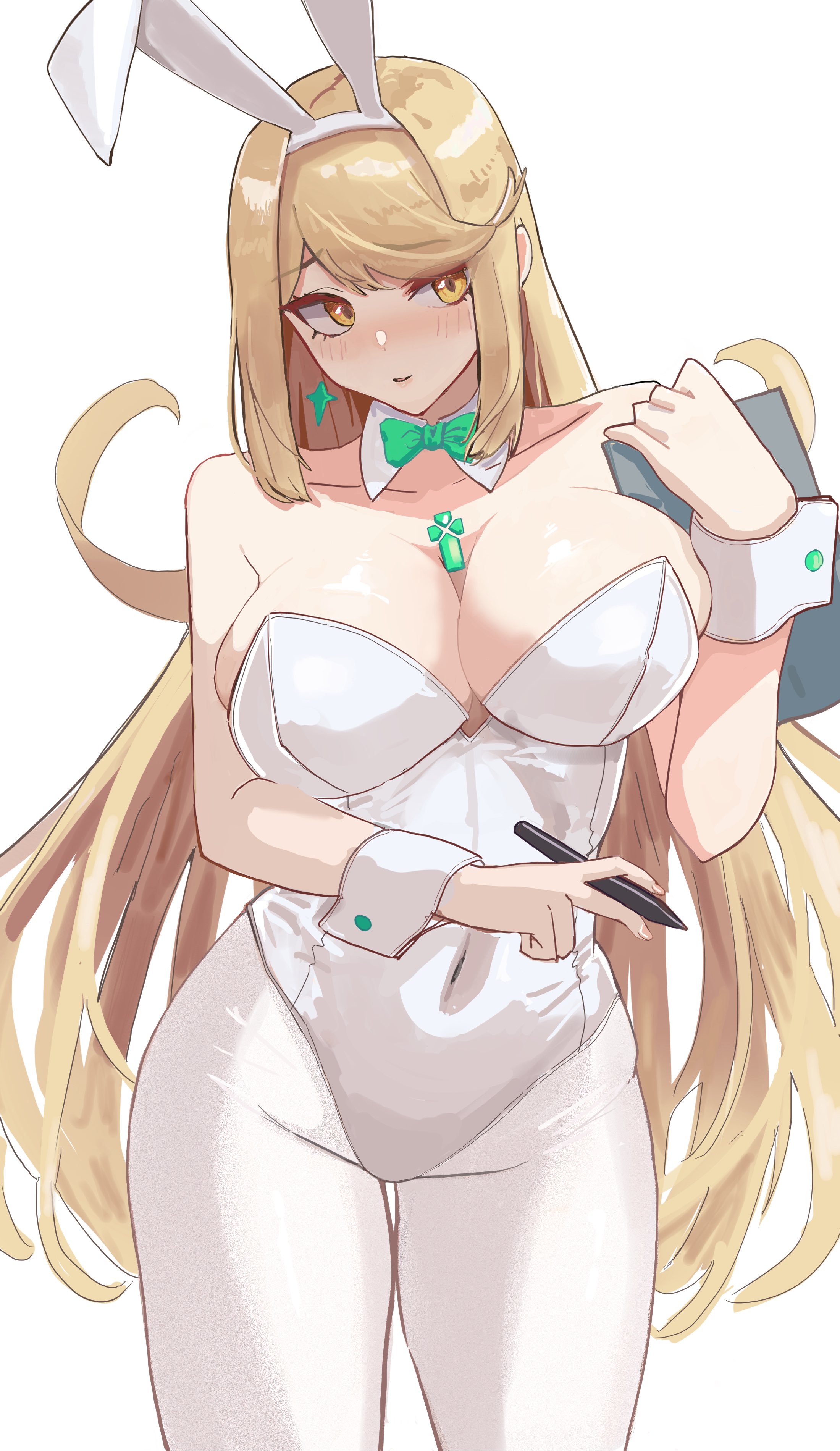 1girls, absurd res, absurd resolution, absurdres, accessory, amausa subee, animal ears, bare shoulders, big breasts, blonde hair, blush, blush lines, breast focus, breasts, breasts focus, bunny costume, bunny ears, bunny girl, bunnysuit, busty, chest jewel, commentary request, core crystal (xenoblade), cowboy shot, curvaceous, curvy, curvy female, curvy figure, earring, earrings, english text, fake animal ears, female, female focus, female only, hi res, high resolution, highres, holding, holding pen, huge breasts, jewel, jewelry, large breasts, leotard, light skin, light-skinned female, long hair, monolith soft, mythra, mythra (xenoblade), nintendo, pantyhose, pen, playboy bunny, rabbit ears, simple background, smile, smiling, solo, solo female, solo focus, strapless, strapless leotard, sweater, swept bangs, tagme, text, thick thighs, thighs, voluptuous, voluptuous female, white background, white leotard, white pantyhose, xenoblade (series), xenoblade chronicles (series), xenoblade chronicles 2, yellow eyes