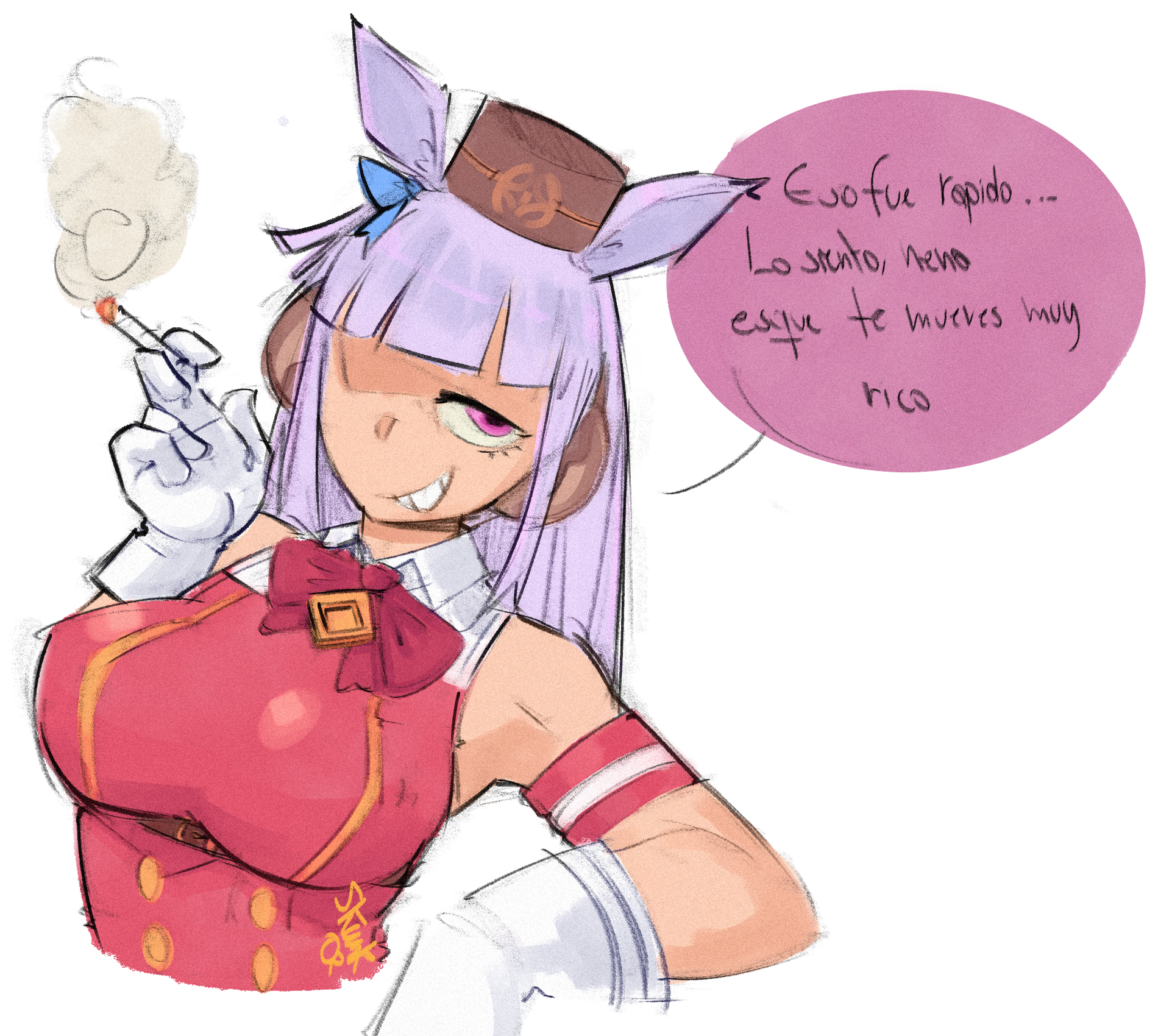 after sex, female, gold ship (umamusume), horse, horse ears, horse girl, skuunk02, smoking, smoking cigarette, spanish text, umamusume, umamusume pretty derby