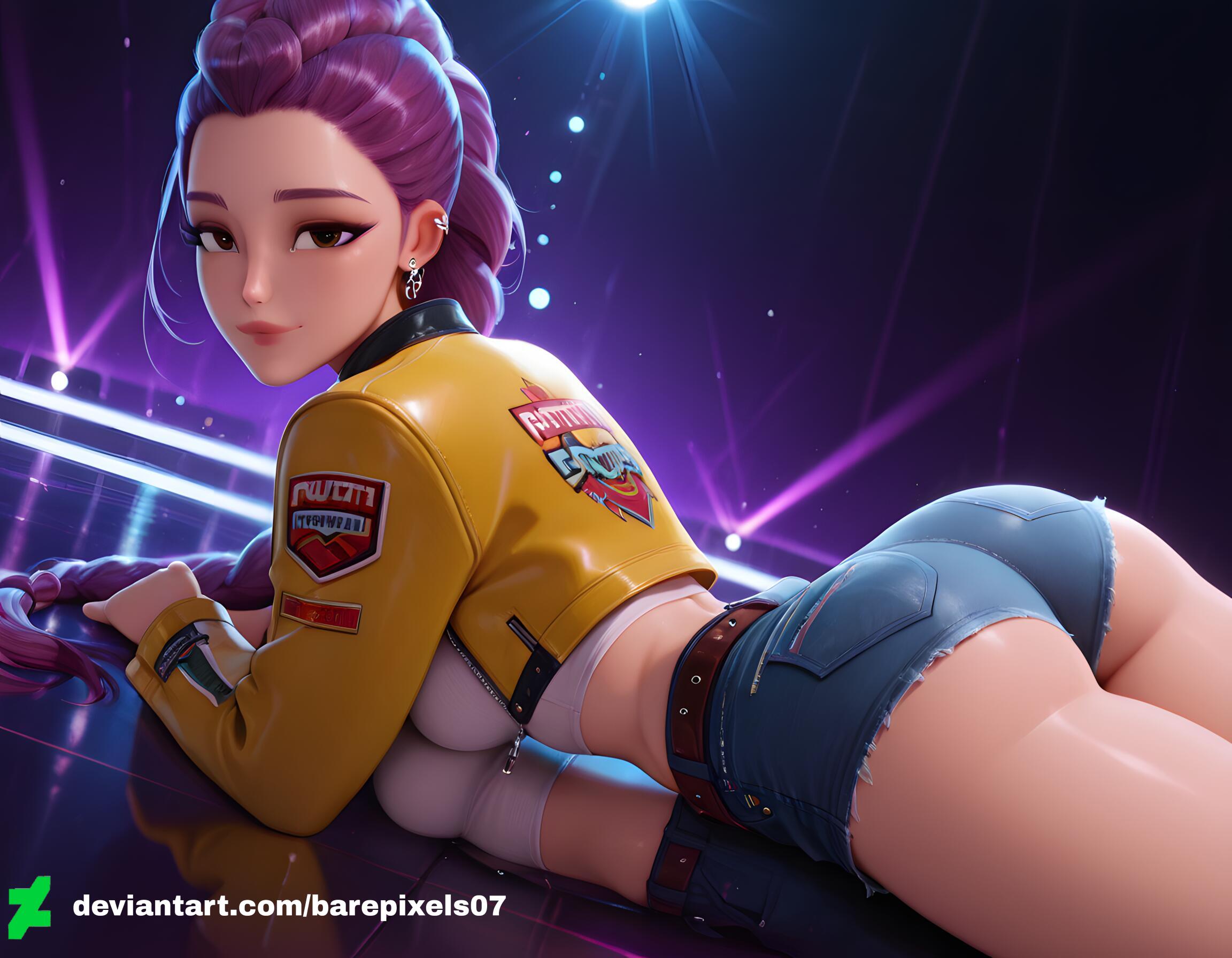 1girls, ai generated, ass, barepixels07, belly button, blush, braid, breasts, brown eyes, clothed, concert, cowboy shot, female, happy, kpop demon hunters, laying, legs spread, long hair, looking at viewer, looking back, medium breasts, midriff, navel, necklace, netflix, perfect body, public, rumi (kpop demon hunters), scene, single braid, solo, solo female, stage, stage lights, thighs