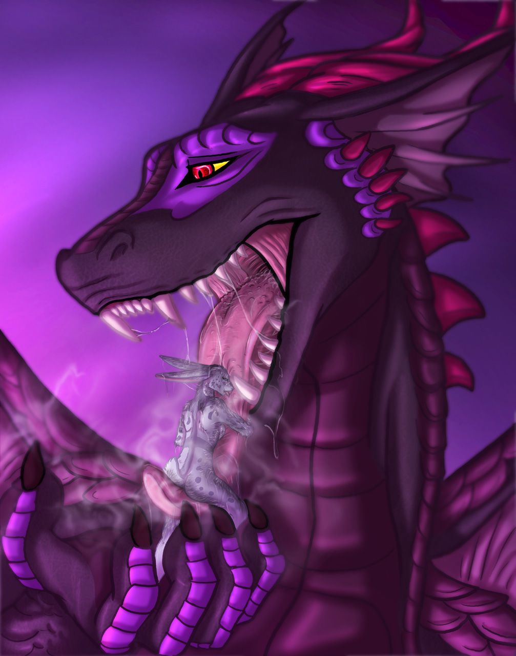 acidic breath dragon female imminent_vore lagomorph male open_mouth rabbit saliva scalie size_difference teeth tongue vore willing_prey