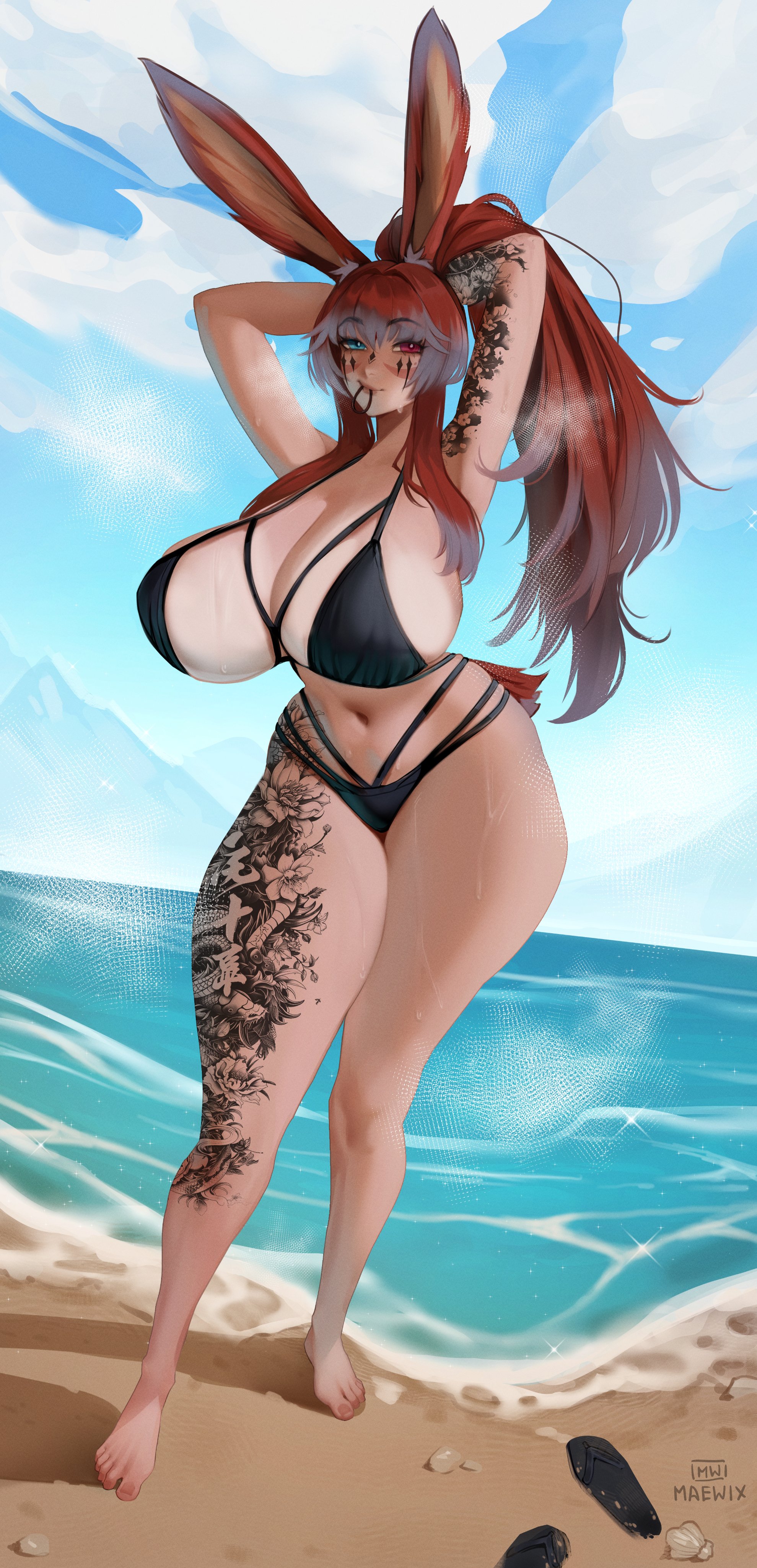 1girls, absurd res, adjusting hair, beach, big breasts, bikini, black bikini, blue eyes, breasts, bunny ears, bunny girl, female, female only, final fantasy, final fantasy xiv, full body, hands behind head, heterochromia, huge breasts, long hair, looking at viewer, maewix1, mitsuki ategawa, ponytail, red eyes, red hair, seaside, sidelocks, smiling, smiling at viewer, solo, tattoo, tattooed arm, tattooed leg, thick thighs, viera, white highlights