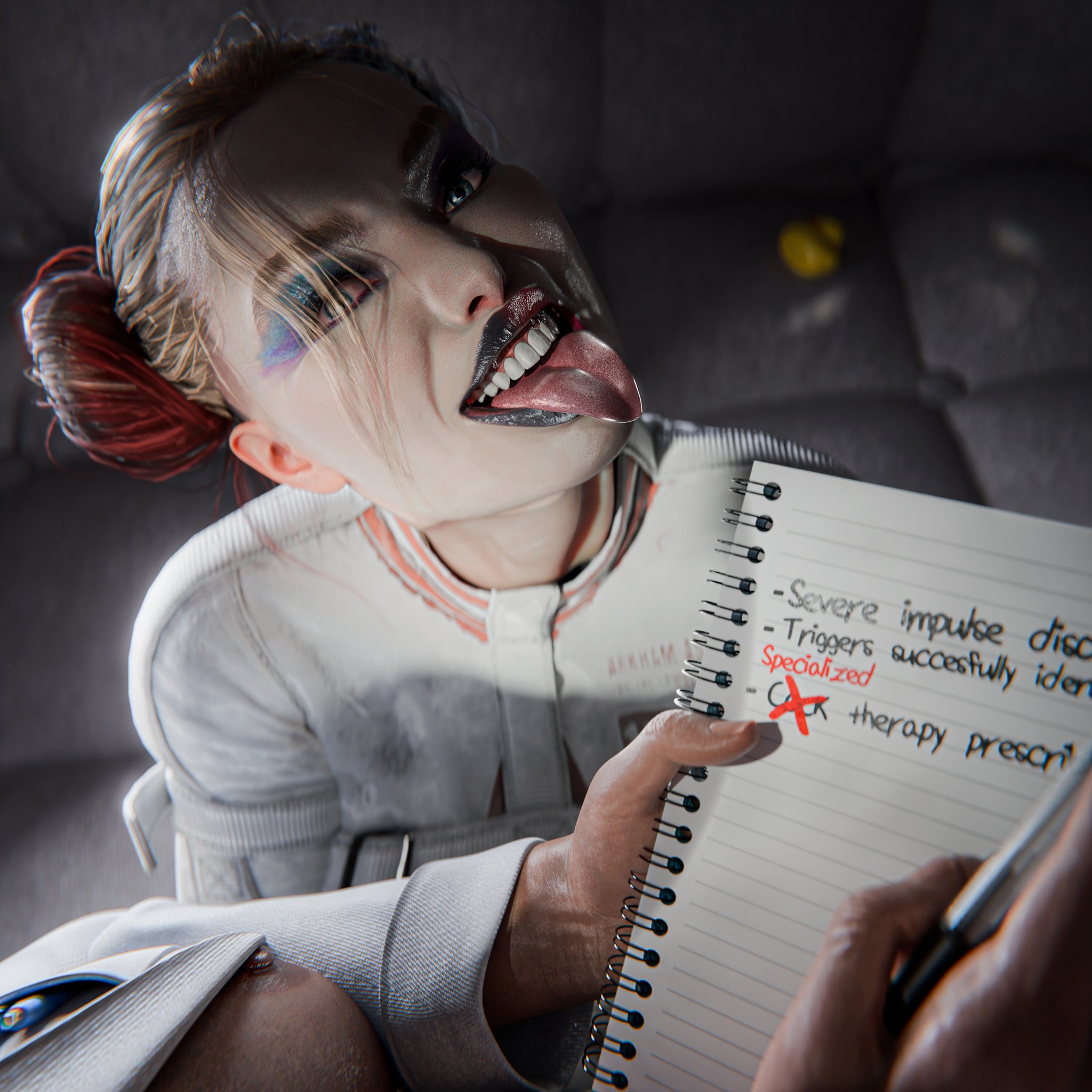 1futa, 1girls, 3d, ayjokar, batman (series), blonde female, bondage, bound, dc, dc comics, detailed background, english, english text, eyeliner, eyeshadow, harleen quinzel, harley quinn, harley quinn (suicide squad game), imminent sex, jokar, light skin, light-skinned female, lipstick, long hair, makeup, mouth open, multicolored hair, nipple slip, padded cell, padded room, red highlights, straitjacket, tan skin, tan-skinned futa, text, tongue out