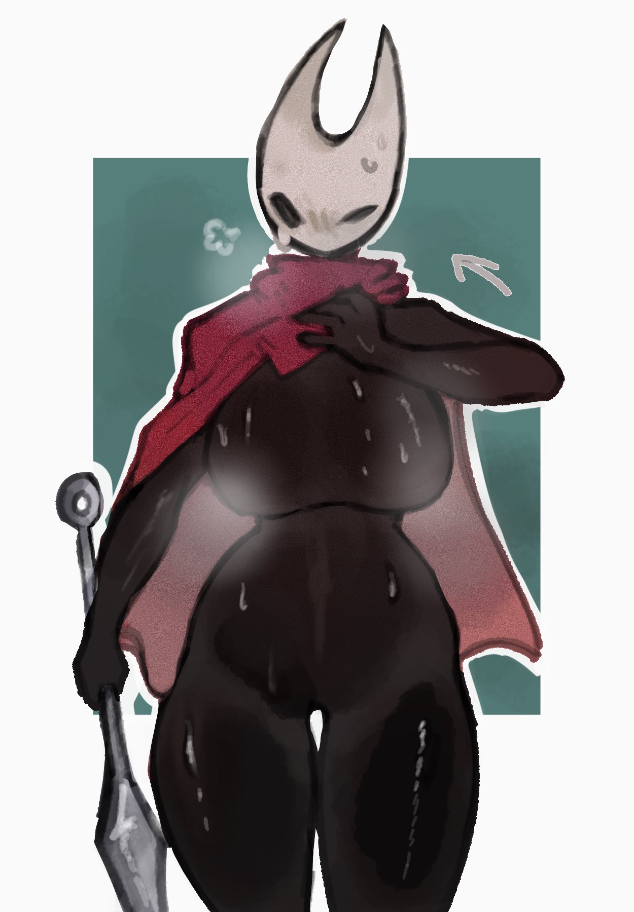 1girls, big breasts, black body, blush, blushing female, breasts, cloak, female, female only, hollow knight, hornet (hollow knight), solo, solo female, steam, steaming body, sweat, sweatdrop, sweating, thick thighs, thighs, yufishart