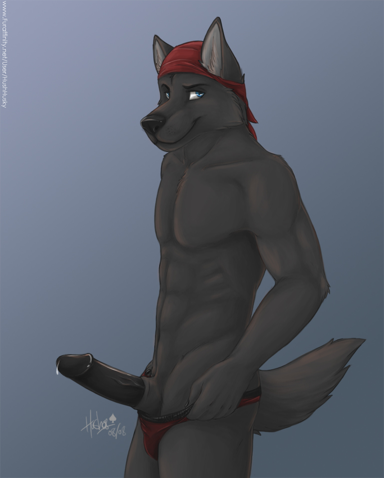 anthro bandana black_penis canine fur furry hushhusky looking_at_viewer lupine_assassin male male_only penis precum sheath side_view solo speedo standing underwear wolf