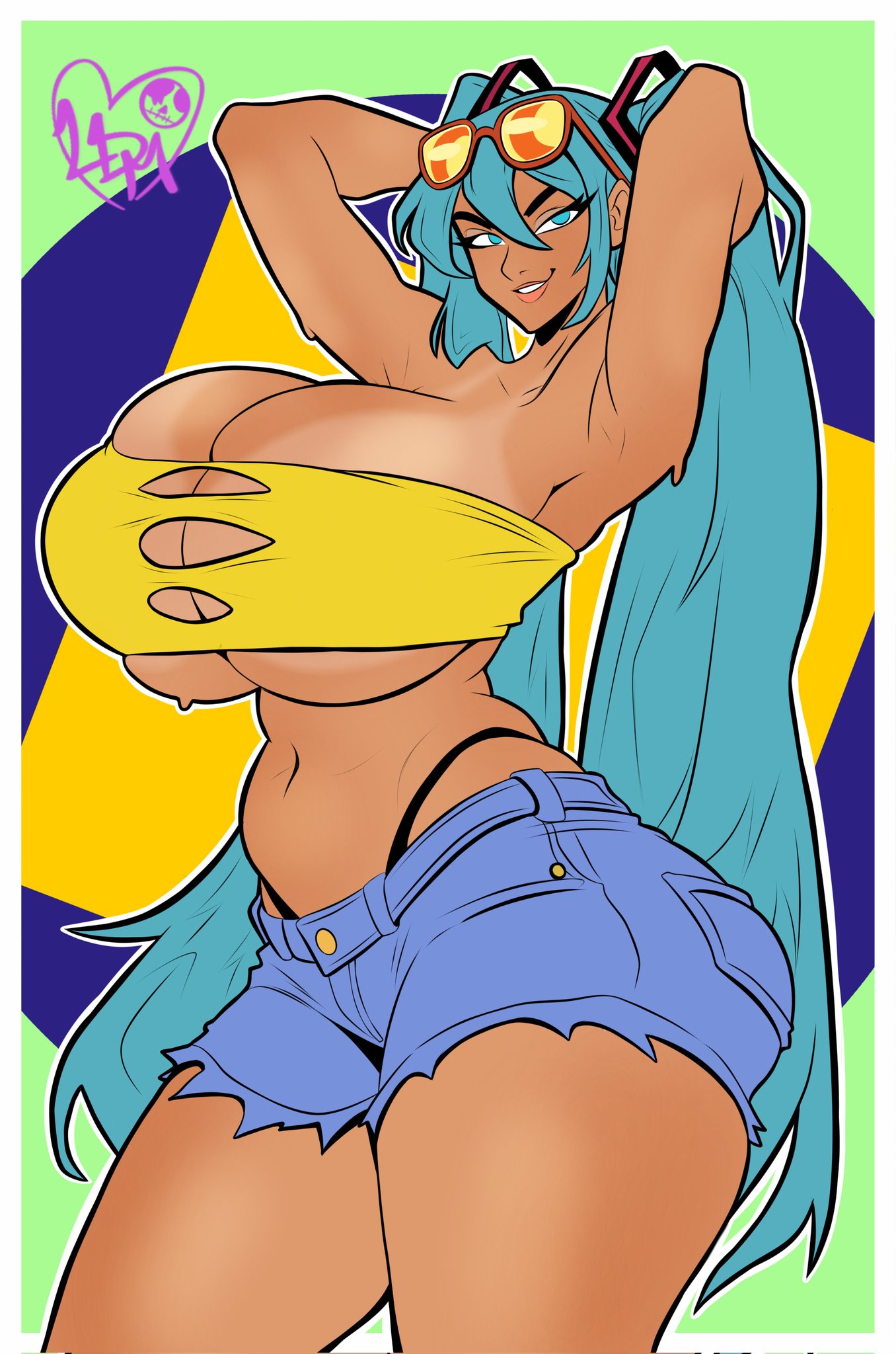 1girl, 1girls, alternate breast size, aqua eyes, aqua hair, armpits, arms up, ass, big ass, big breasts, big thighs, blue eyes, brazil, brazilian, brazilian female, brazilian miku, breasts, cleavage, cutoffs, cyan eyes, cyan hair, dark skin, dark-skinned female, denim, denim shorts, eyewear on head, female, female only, gigantic breasts, hatsune miku, highleg, highleg panties, huge ass, huge breasts, huge thighs, latin american hatsune miku (meme), lifted shirt, lifting shirt, lips, long hair, looking at viewer, love dead man, navel, panties, shirt, short shorts, shorts, smile, solo, strapless, sunglasses, tagme, tan, tan body, tanlines, thick hips, thick thighs, thighs, thong, torn clothes, tube top, twintails, underboob, underwear, very long hair, vocaloid