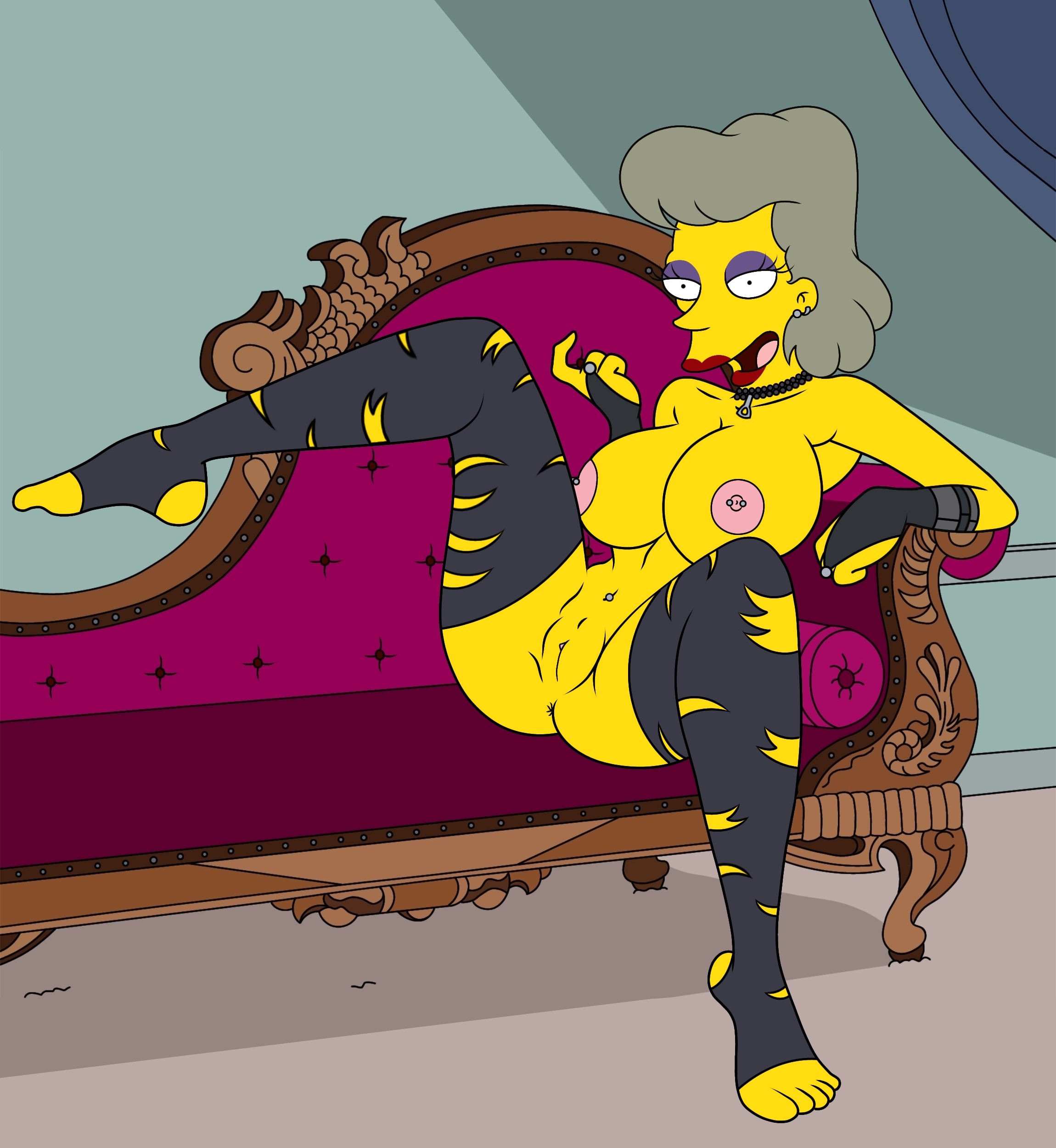 breasts, croc (artist), excited, excited for sex, female, goth, goth girl, gothic, gothic girl, grey hair, helen lovejoy, nude, nude female, open legs, painted lips, piercing, piercings, sexy, sexy body, sexy pose, the simpsons, waiting for sex, yellow body, yellow skin