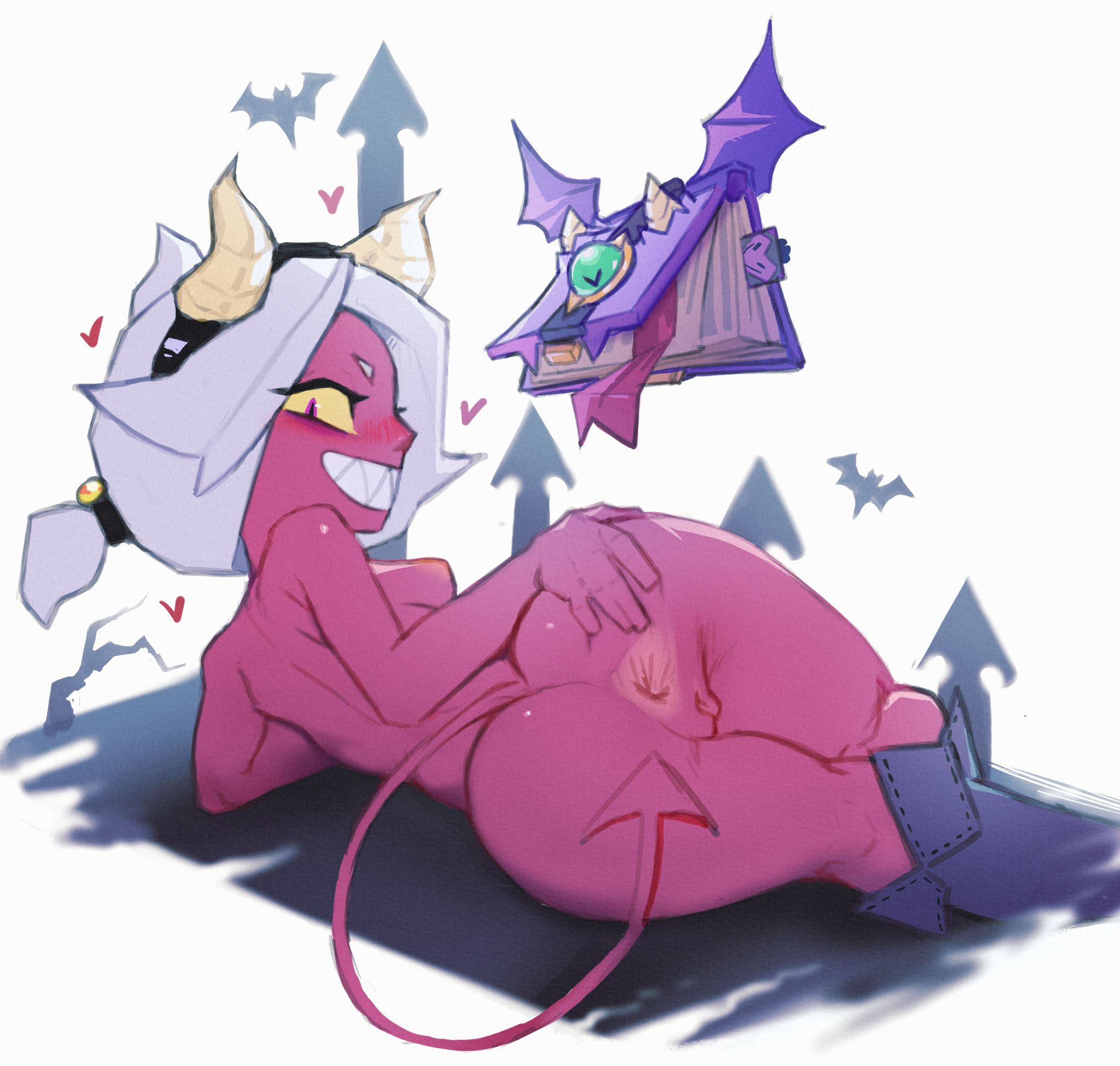 ass, big ass, brawl stars, bubble ass, bubble butt, colette (brawl stars), demon, demon girl, demon horns, female, lying, lying down, lying on bed, lying on stomach, magenta skin, pink skin, polchito, red body, sharp teeth, smile, smiling, spreading, trixie colette (brawl stars), white hair, yellow sclera