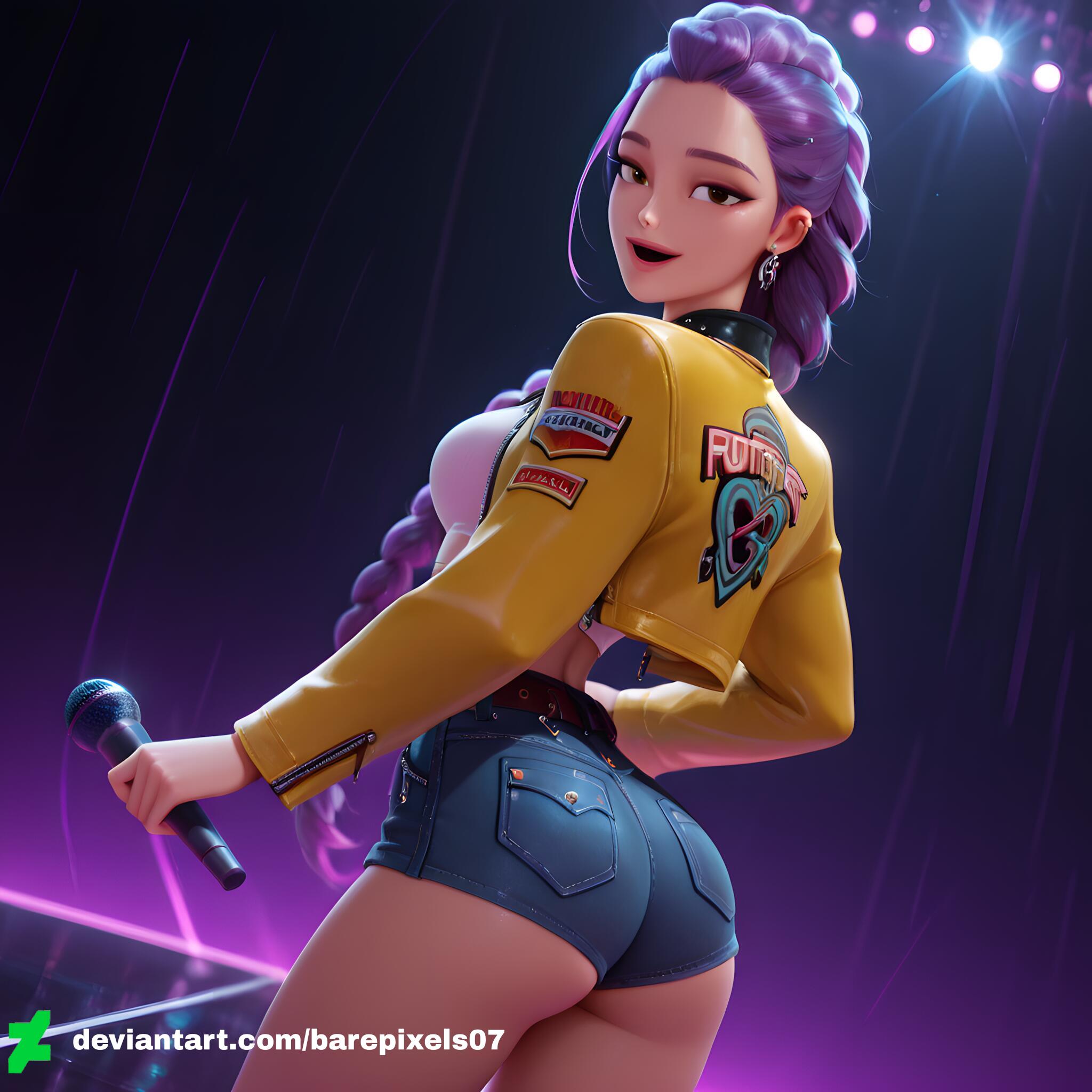 1girls, ai generated, ass, barepixels07, blush, braid, breasts, brown eyes, clothed, concert, cowboy shot, female, happy, kpop demon hunters, long hair, looking at viewer, looking back, medium breasts, necklace, netflix, public, rumi (kpop demon hunters), scene, single braid, solo, solo female, stage, stage lights, standing