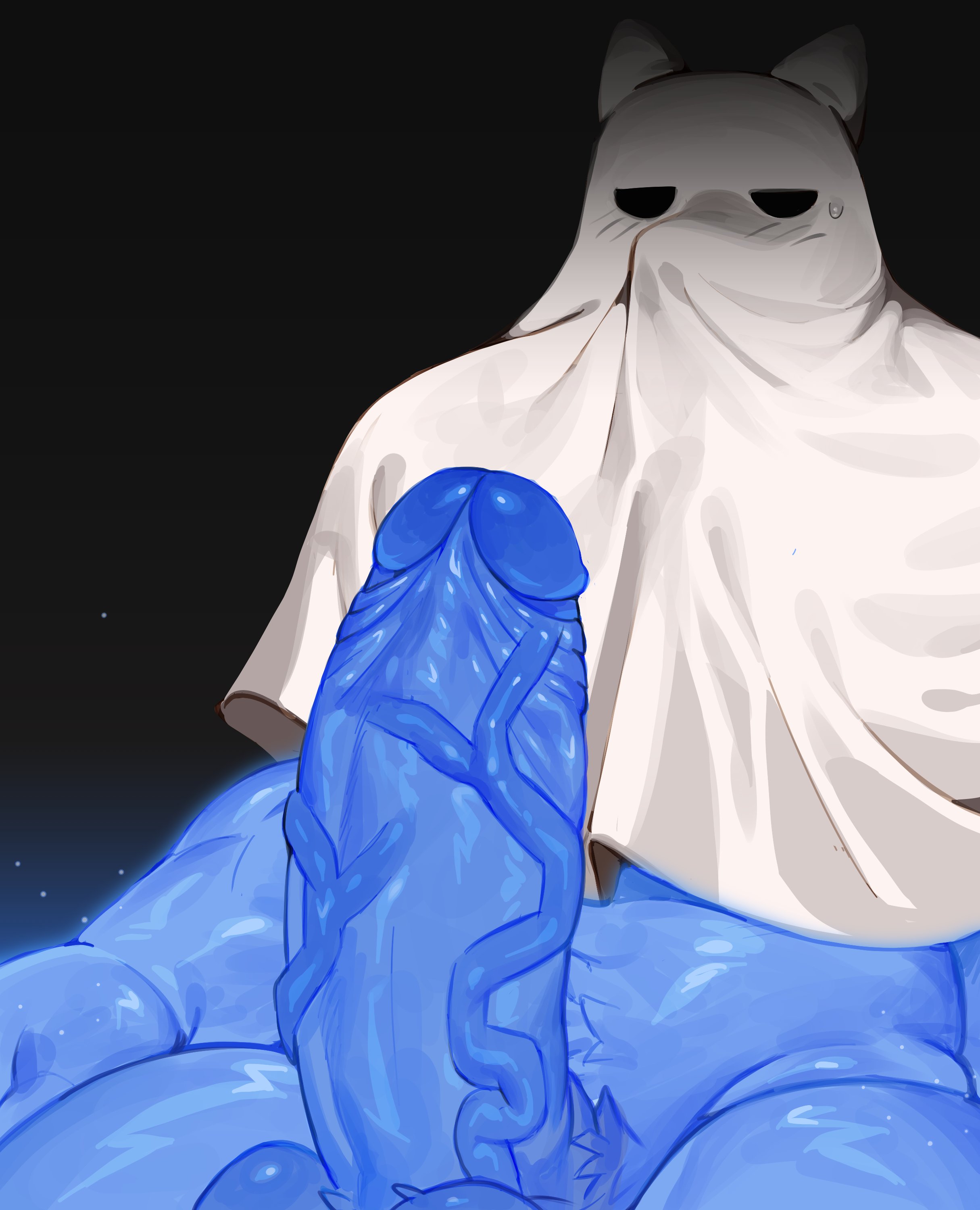 anthro, art uza, balls, big penis, blue body, blue skin, blush, blush lines, erection, furry, gay, ghost, huge cock, large penis, looking at viewer, male, male only, penis, presenting, presenting penis, solo, solo male, sweatdrop, veiny penis