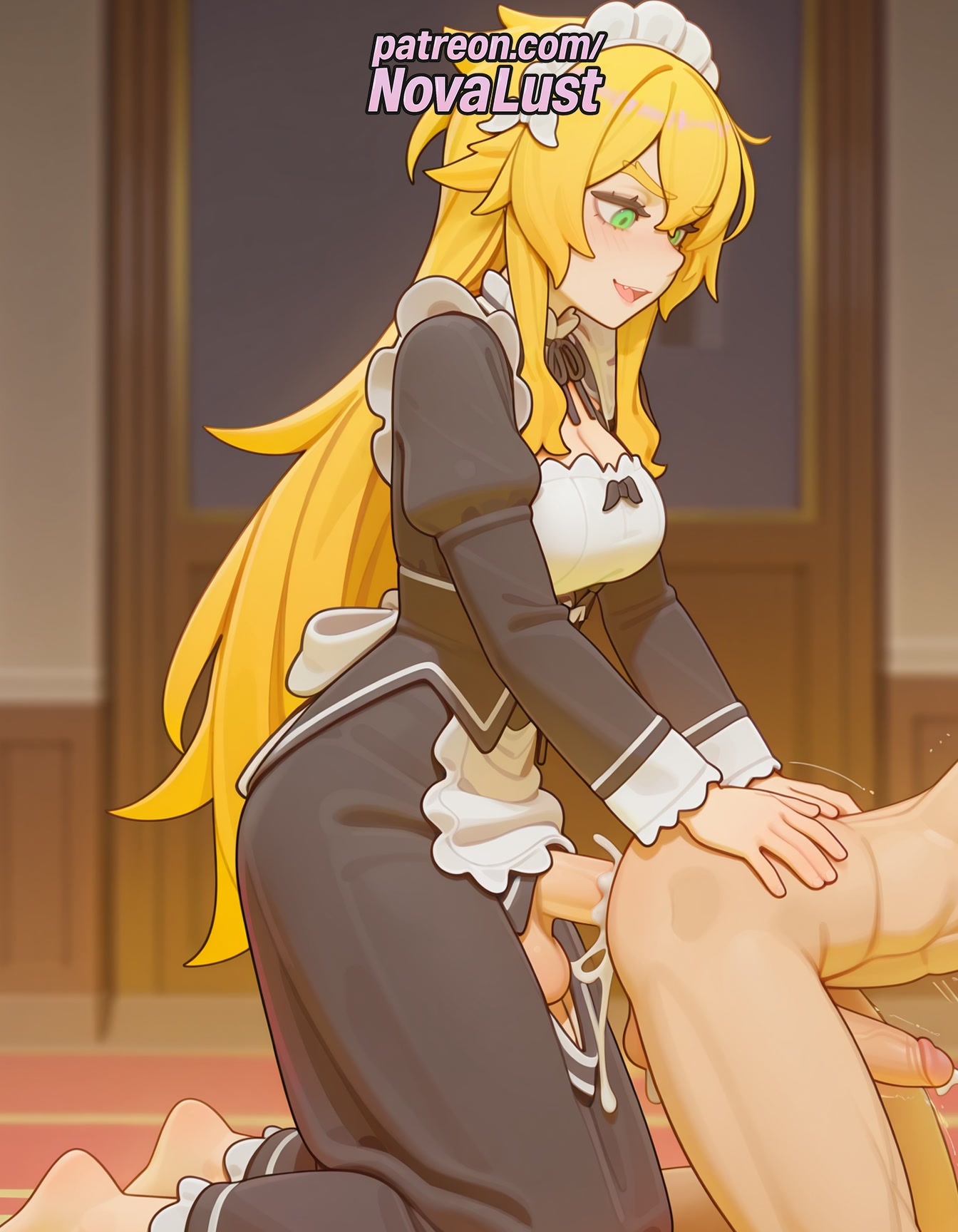 1boy, 1futa, 2025, ai generated, anal, apron, artist name, balls, barefoot, blonde hair, blurry, blurry background, blurry foreground, cock, cum, cum in ass, cum while penetrated, depth of field, dick, dress, ejaculation, erection, frederica baumann, futa on male, futa with male, futanari, green eyes, hi res, high quality, high resolution, highres, intersex, long hair, long sleeves, maid, maid apron, maid headdress, male, motion blur, novalust, otoko no ko, patreon, patreon username, penis, re:zero kara hajimeru isekai seikatsu, stable diffusion, testicles, uncensored, watermark, white apron