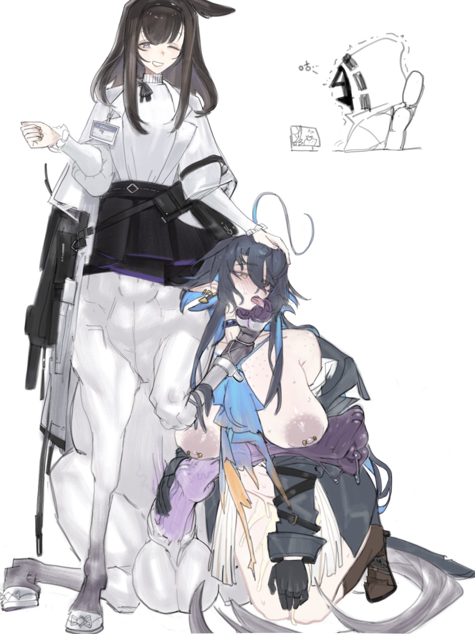 1futa, 1girls, animal penis, arknights, centaur, chin grab, female, futa with female, futadom, futanari, hoof on face, horsecock, intersex, large breasts, looking at penis, lumen (arknights), nipple piercing, penis awe, priestess (arknights), rule 63, transformation, victim alice