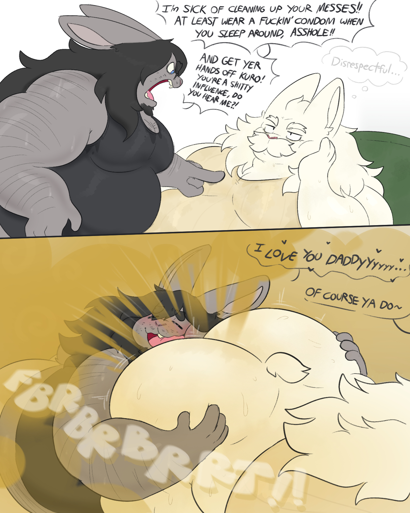 2boys, 2d, bunny, comic, daddy, daddy kink, dilf, english text, facefart, fart, fart fetish, farting, farting in face, furry, furry male, furry only, heart, hypnosis, incest, lagomorph, male, male fart, male only, male/male, no genitals, no pants, no sex, nuzzling, oc, onomatopoeia, rofakuro, shiro (rofakuro), shirt, shirt only, short tail, sniffing ass, sniffing farts, sweat, sweating, sweaty, sweaty body, tagme, talking, talking to another, text, thick thighs, thighs