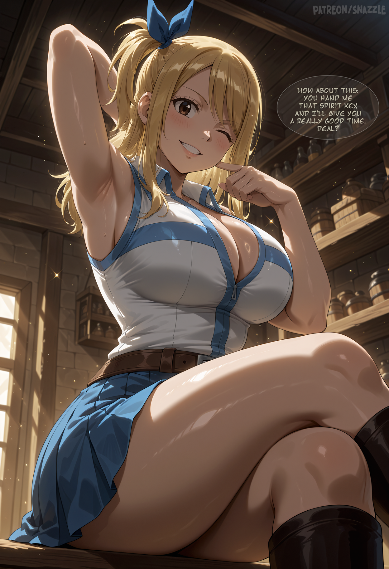 1girls, ai generated, arm behind head, armpits, artist name, bangs, belt, blonde hair, blonde-haired female, blush, breasts, brown eyes, cleavage, crossed legs, fairy tail, female, large breasts, long hair, looking at viewer, lucy heartfilia, one eye closed, patreon username, sitting, skirt, sleeveless, smile, snazzdaz, snazzle, solo, stable diffusion, thighs
