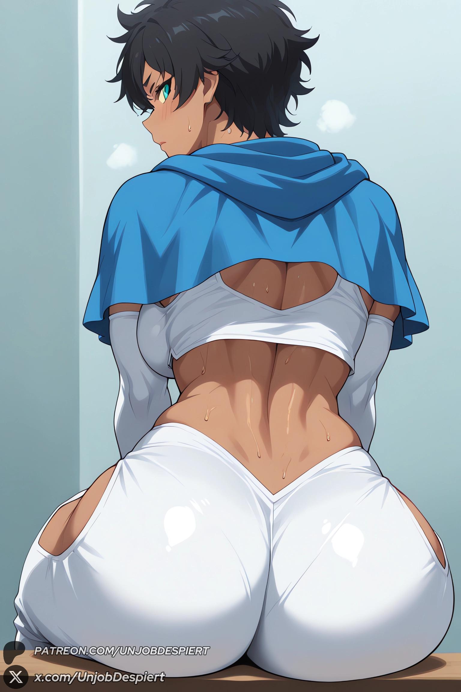 1girls, 2025, ai generated, artist name, ass, back, backboob, big ass, big breasts, black clover, black hair, blue eyes, blush, breasts, capelet, curvy, dark skin, dark-skinned female, elbow gloves, female, female only, from behind, gloves, hi res, high quality, high resolution, highres, huge ass, huge breasts, large breasts, looking at viewer, looking back, patreon, patreon username, shiny, shiny skin, short hair, sitting, sol marron, solo, sweat, unjobdespiert, watermark