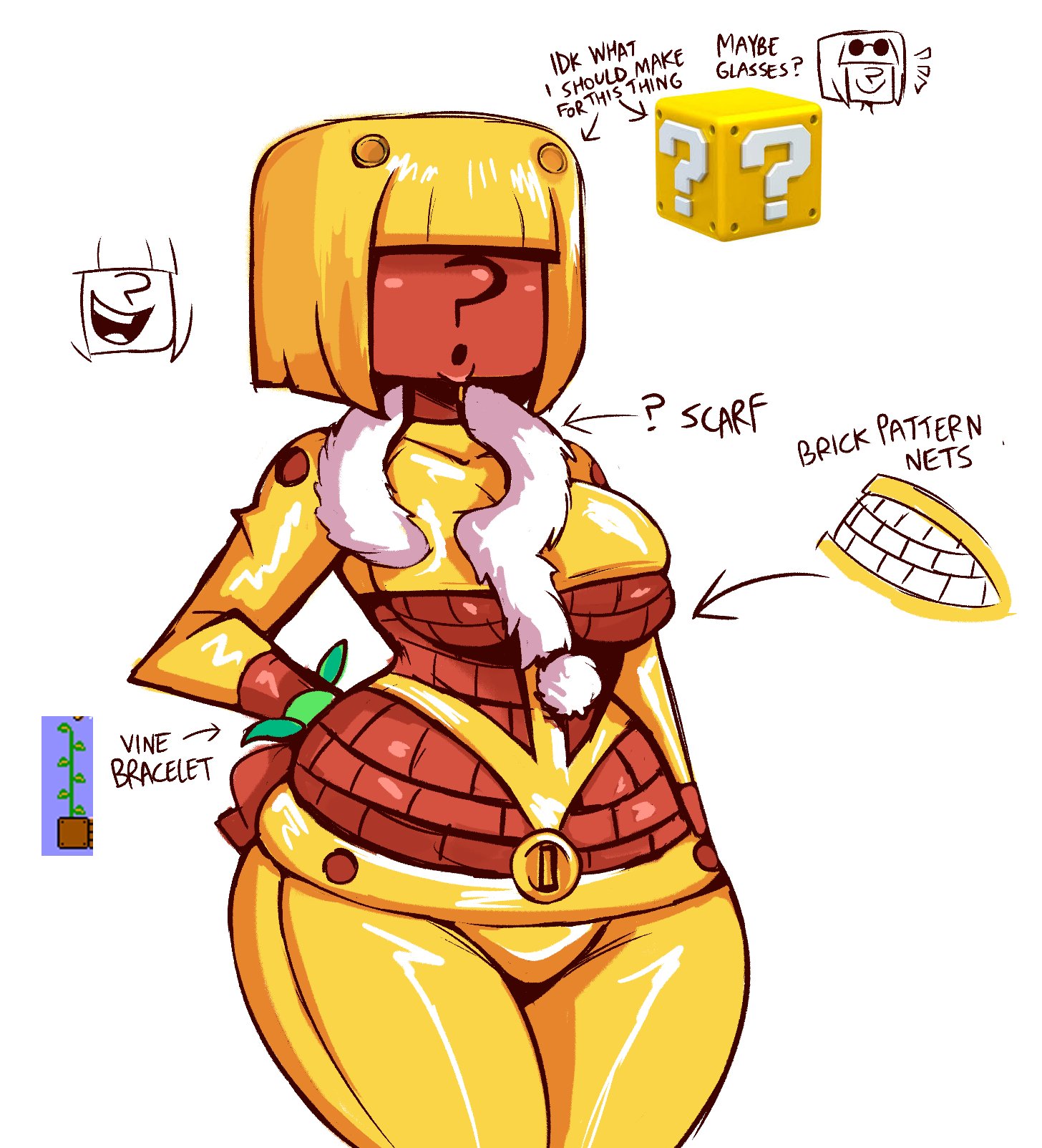 ? block, 1girls, androjuniarto, blonde hair, clothing, dark skin, dark-skinned female, female, hair covering eyes, humanized, mario (series), nintendo, question block gal, scarf