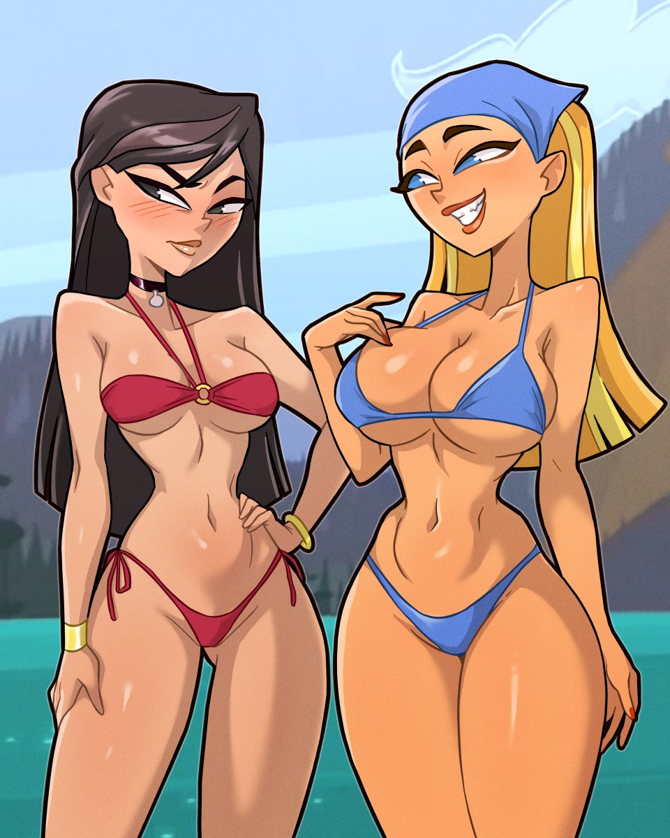 2girls, armwear, big breasts, bikini, bikini bottom, bikini top, bimbo, black eyes, black hair, blonde hair, blue bikini, blue eyes, blush, bottomwear, bracelet, breasts, centinel303, choker, cleavage, female, female only, hair, hand on hip, headband, headwear, heather (tdi), hips, huge breasts, lindsay (tdi), lips, long hair, medium breasts, nail polish, nails, neckwear, outdoors, painted fingernails, painted nails, red bikini, red nail polish, red nails, revealing clothes, side-tie bikini, skimpy clothes, smile, swimwear, teeth, thighs, topwear, total drama island, water