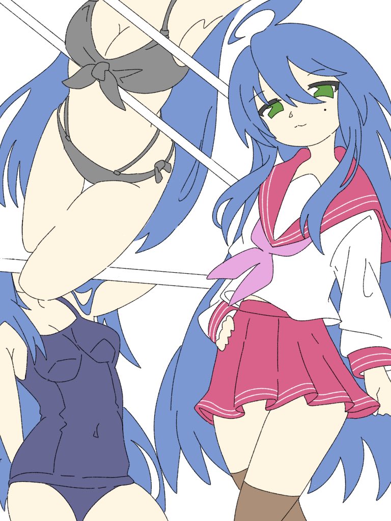 1girls, bikini, blue hair, breasts, female, green eyes, hair, konata izumi, long hair, lucky star, not ccl, ryouou school uniform, school swimsuit, school uniform, skirt, solo, swimsuit, yanikasu7o5, zettai ryouiki