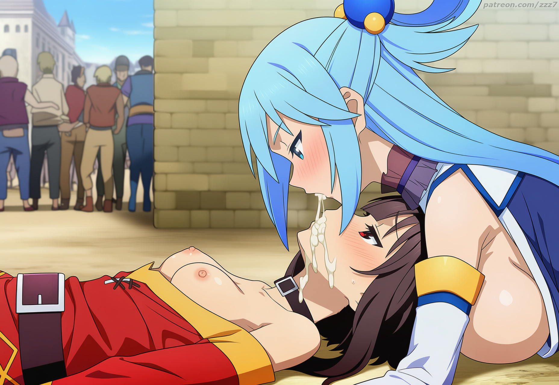 2girls, after fellatio, after oral, ai generated, aqua (konosuba), blush, breasts, breasts out, cum, cum in mouth, cum sharing, cum string, cum swap, cum swapping, cum trail, cumswap, day, dripping cum, facial, female, female focus, from side, kono subarashii sekai ni shukufuku wo!, konosuba, lying, megumin, multiple girls, nipples, on back, on person, on stomach, outdoors, public, sharing, sharing cum, side view, snowballing, swallowing, watermark, zzz7