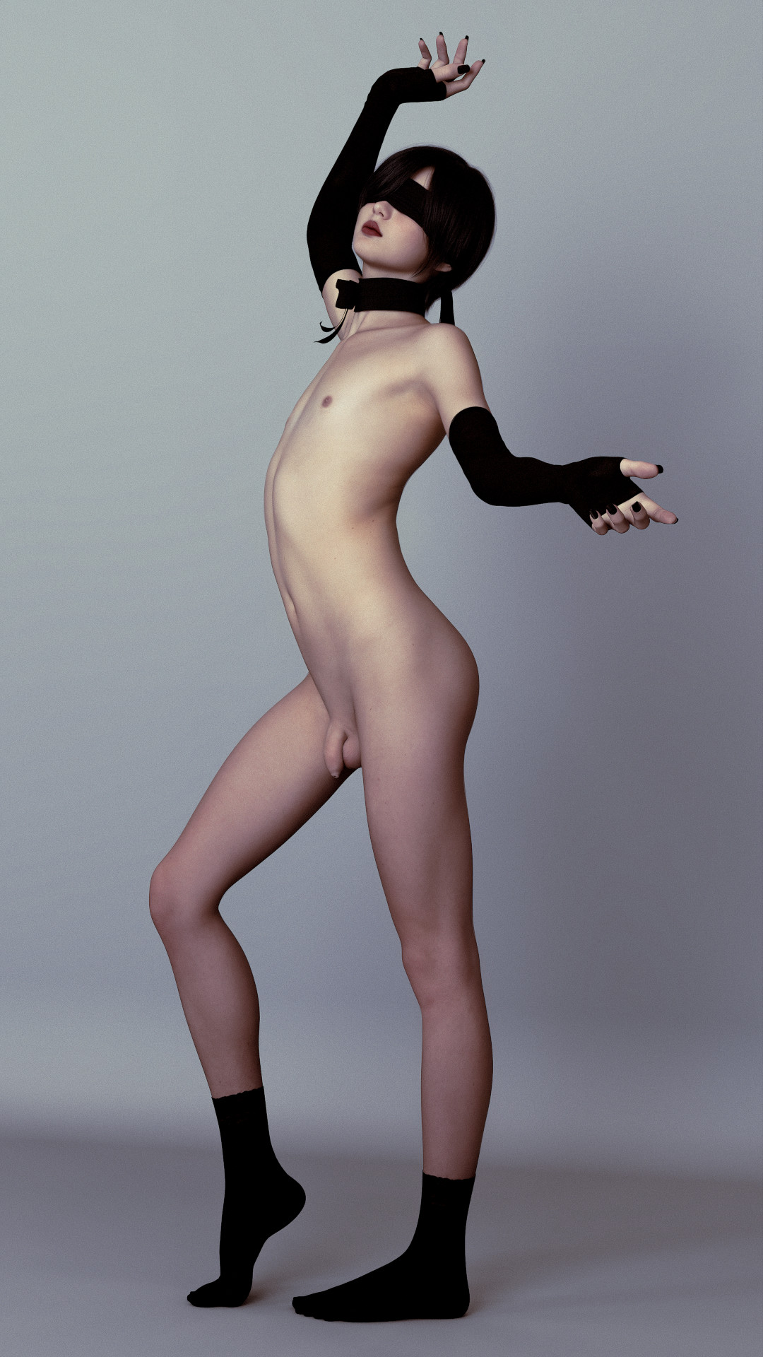 1boy, 3d, arched back, asian, balls, black blindfold, black gloves, black hair, black legwear, black nails, black socks, blindfold, choker, clavicle, clothing, collar, covered eyes, crossdressing, elbow gloves, eyewear, femboy, fingerless gloves, fingernails, flaccid, flat chest, footwear, foreskin, gloves, legwear, lips, little penis, male, male focus, nail polish, navel, nipples, no shoes, nude, one arm up, otoko no ko, penis, pettanko, portrait, pose, short hair, socks, solo, standing, testicles, tiptoes, torappukojo, trap, uncircumcised