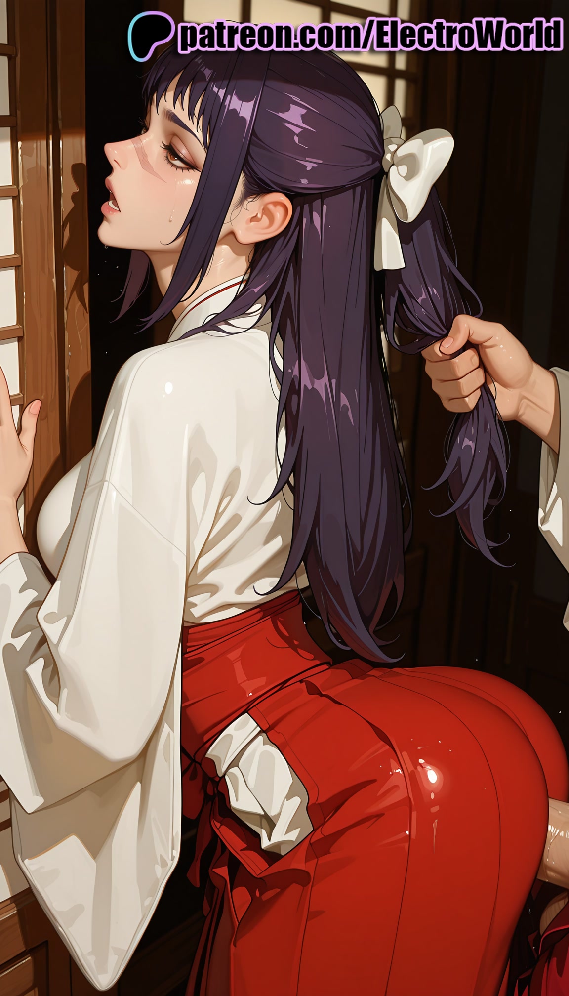1girls, 2025, ai generated, artist name, bow, electroworld, female, fucked through clothes, fucked through hakama, grabbing another's hair, hakama, hi res, high quality, high resolution, highres, japanese clothes, jujutsu kaisen, long hair, patreon, patreon username, purple hair, stable diffusion, utahime iori, watermark, wet, white bow