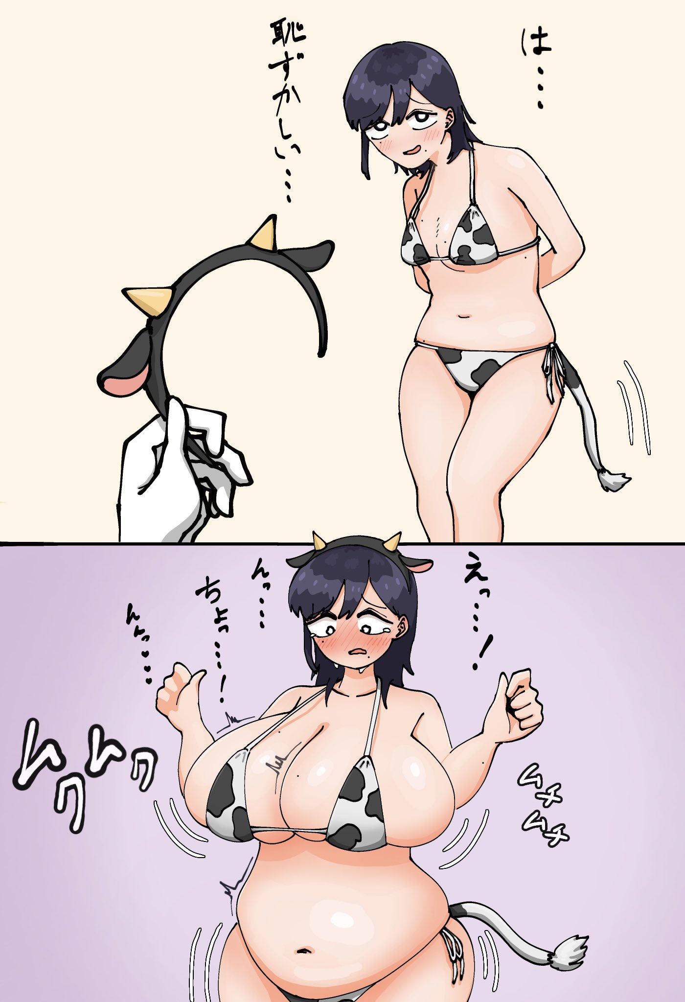 aqc ha, ass expansion, bbw, bikini, black hair, breast expansion, breasts, cow ear hairband, cow ears, cow girl, cow girl transformation, cow horns, cow print, cow print bikini, cow tail, dark hair, fat female, female, huge breasts, medium hair, micro bikini, overflowing breasts, overweight, transformation, weight gain
