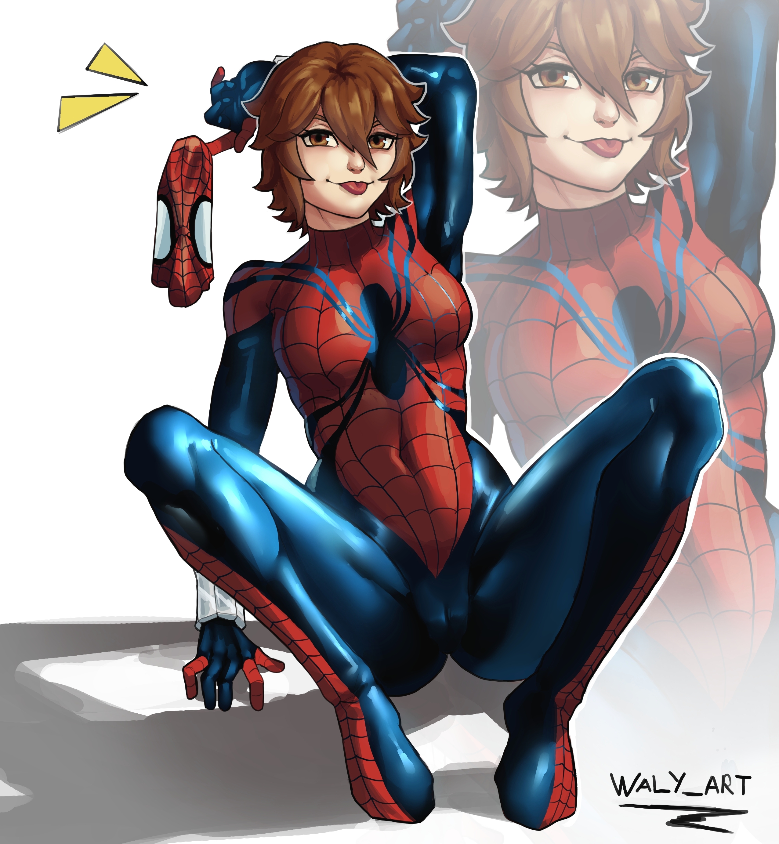 1girls, 2025, 2d, 2d (artwork), arm up, artist name, blep, brown hair, clothed, clothed female, fanart, female, female focus, female only, fully clothed, human, human only, light skin, light-skinned female, looking at viewer, marvel, marvel comics, mask off, mayday parker, questionable, sfw, short hair, solo, solo female, solo focus, spider-girl, spider-man (series), superhero, superhero costume, superheroine, tongue, tongue out, waly xox, white background