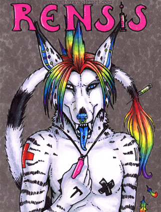 1boy anthro artist_name black_stripes blue_tongue body_fur canine furry glowstick heterochromia male male_only masking_tape nipple_tape no_visible_genitalia pasties piercing punk rainbow rensis solo syringe tongue tongue_out tongue_piercing ultraviolet_(artist) white_fur