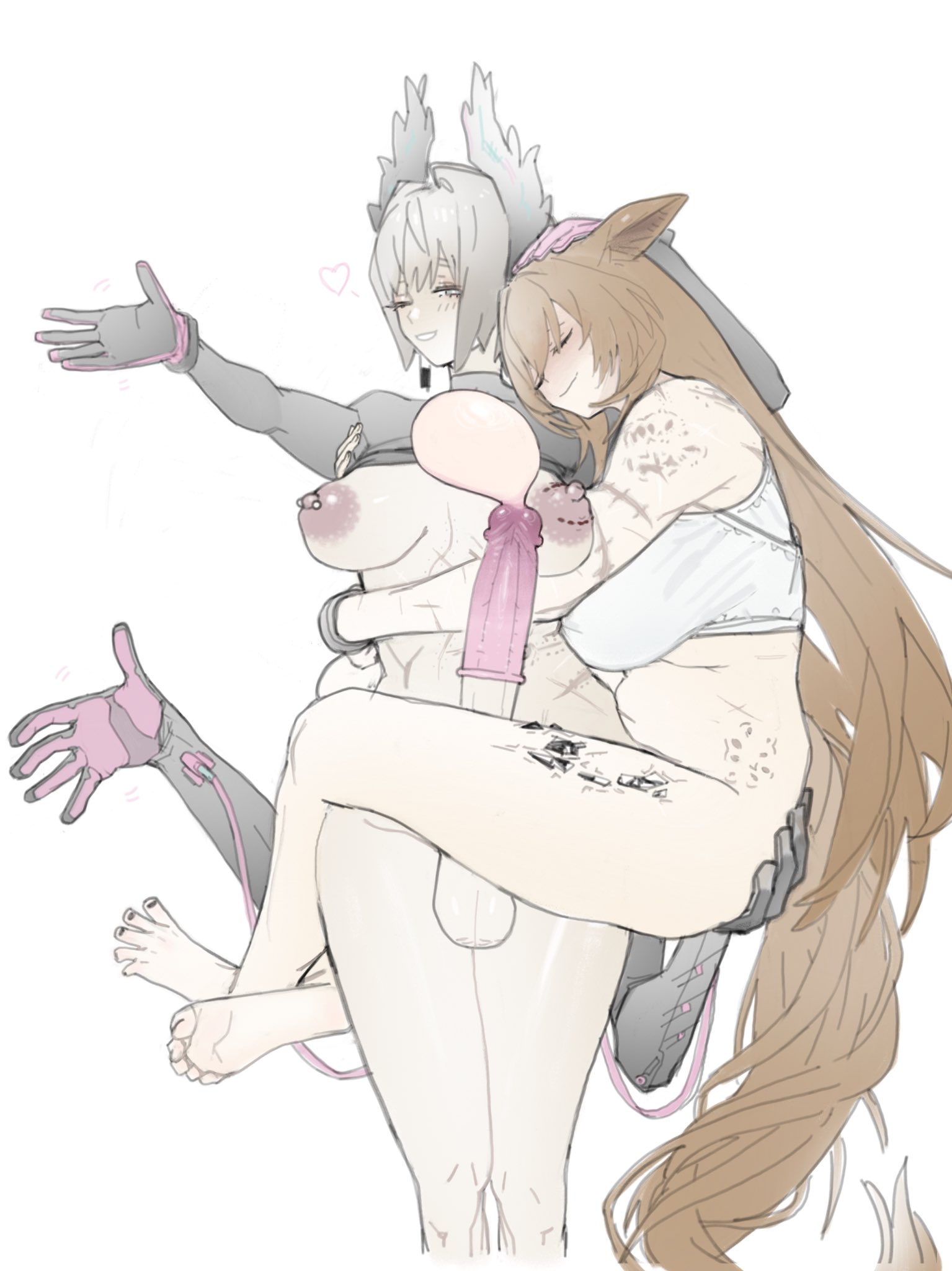 1futa, 1girls, animal ears, arknights, bottomless, breasts, ceobe (arknights), condom, female, filled belly, filled condom, futa on female, futanari, intersex, nipple piercing, raidian (arknights), sleeping, victim alice