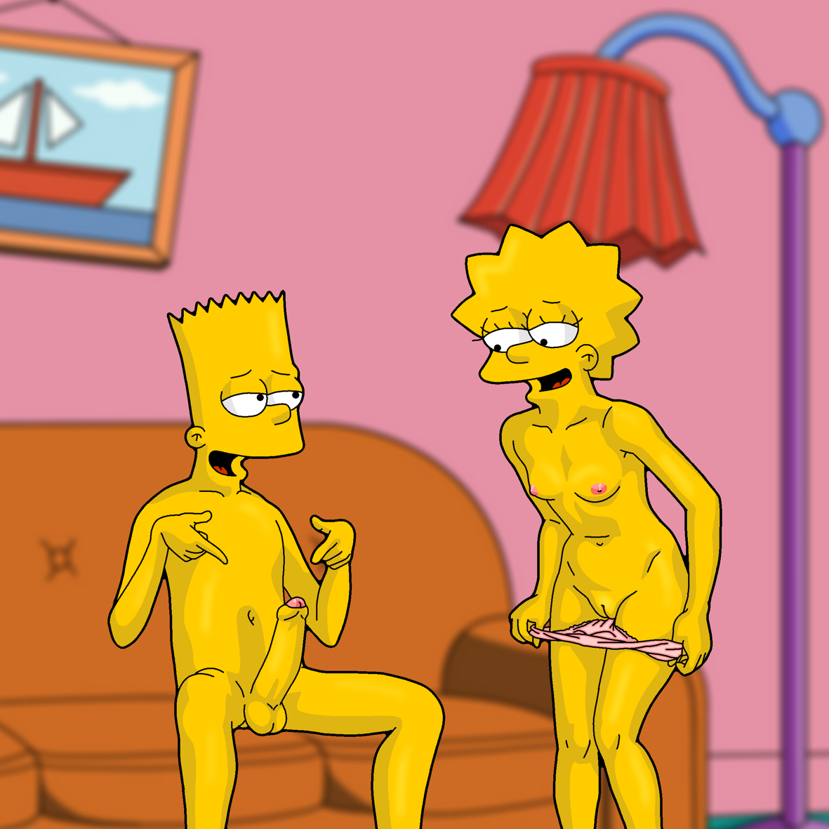 1boy, 1girls, 20th century studios, aged up, balls, bart simpson, big penis, breasts, brother and sister, collarbone, completely nude, couch, evilweazel, female, foreskin, imminent incest, imminent sex, incest, inviting to sex, lisa simpson, living room, male, navel, nipples, nude, panties, partially retracted foreskin, penis, pointing at penis, pointing at self, pussy, retracted foreskin, shaded, sitting, sitting on couch, small breasts, smile, standing, taking off panties, the simpsons, uncircumcised, vagina