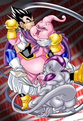 3boys anus balls black_hair closed_eyes cum dragon_ball dragon_ball_z fat_buu fellatio freeza frieza gay hair human licking majin_buu male male_only mmario_grant mmg open_mouth oral oral_sex penis pink raised_tail sex tail tongue vegeta yaoi